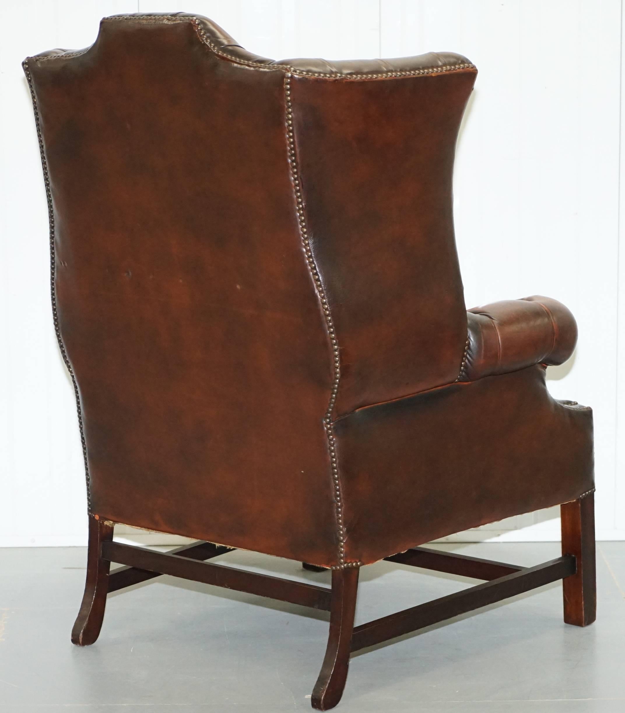 Georgian H Framed Chesterfield Wingback Brown Leather Armchair and Footstall 7