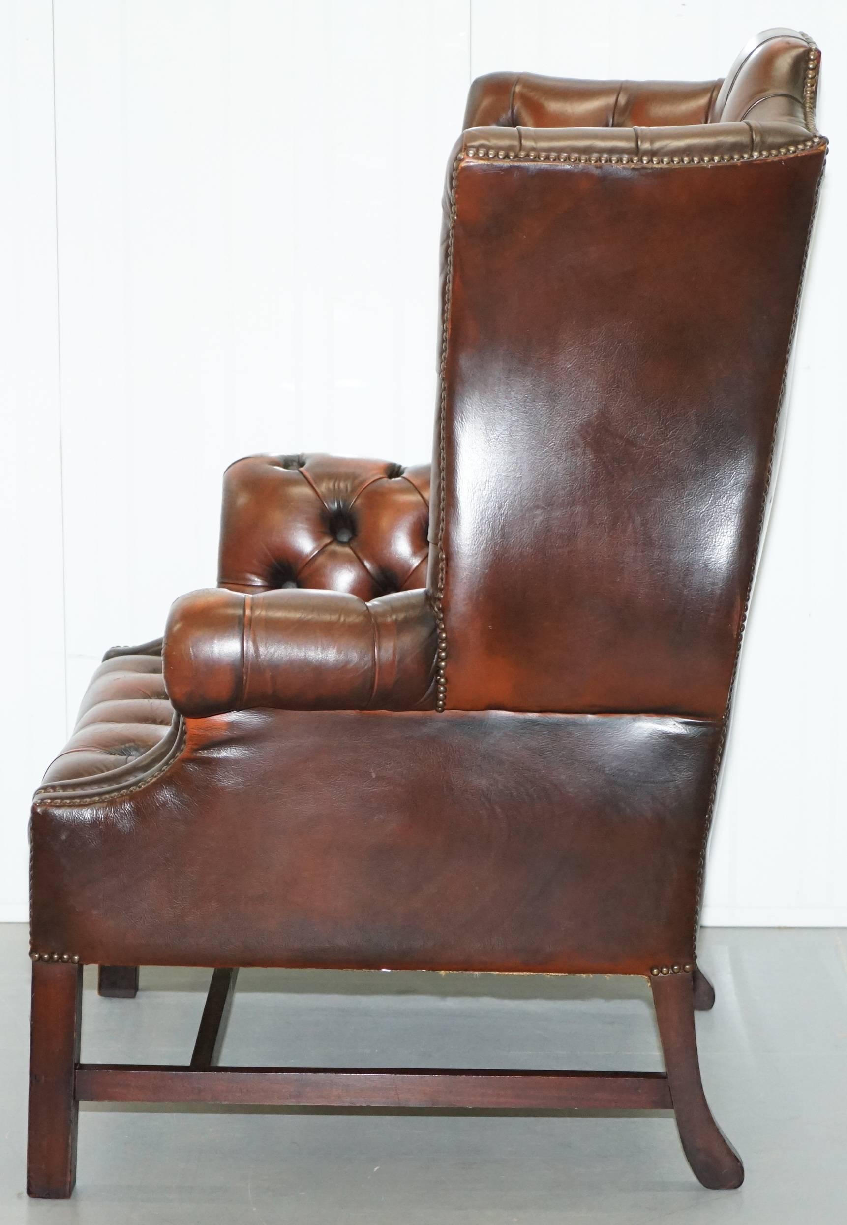 Georgian H Framed Chesterfield Wingback Brown Leather Armchair and Footstall 9