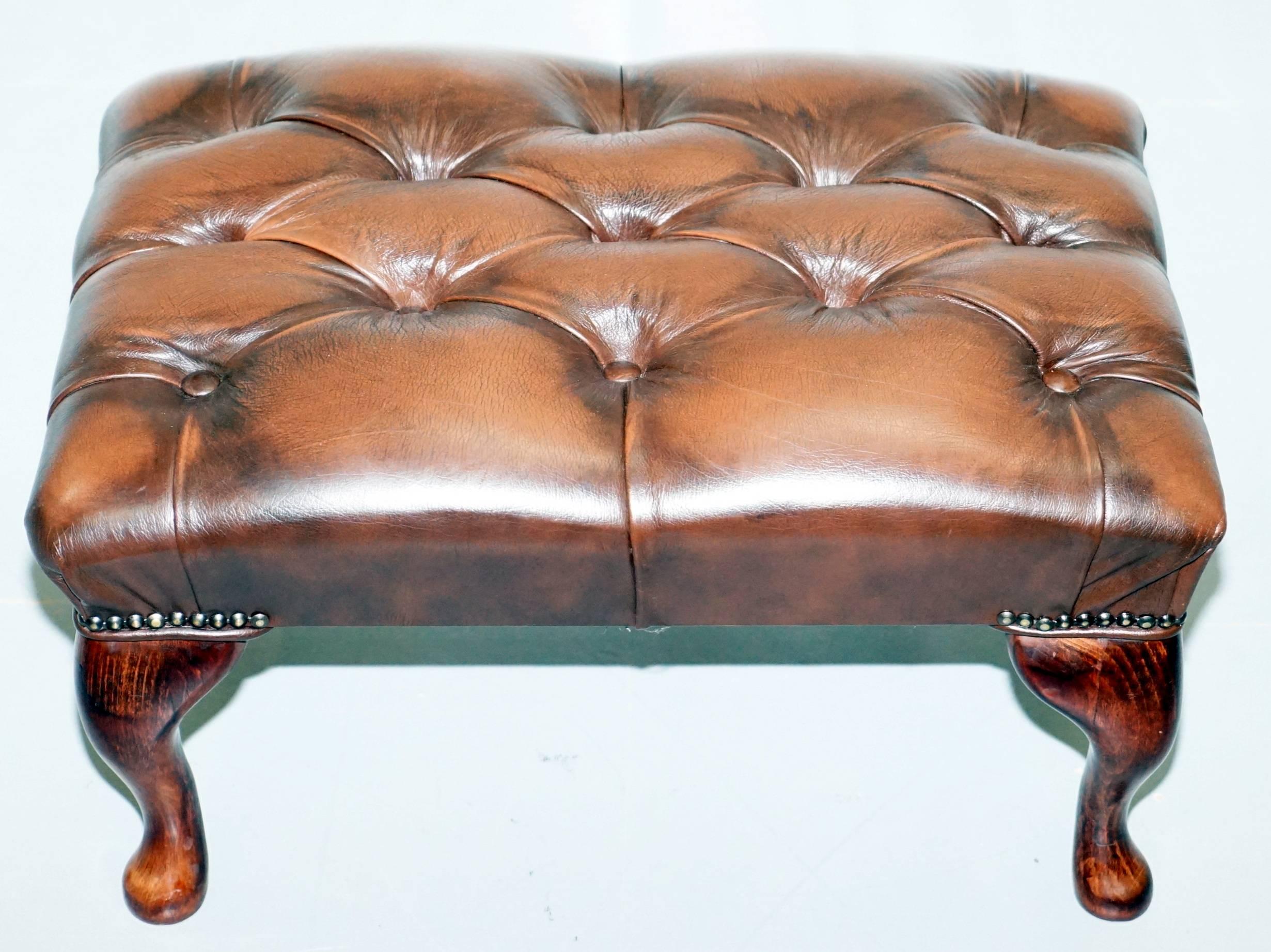 Georgian H Framed Chesterfield Wingback Brown Leather Armchair and Footstall 12