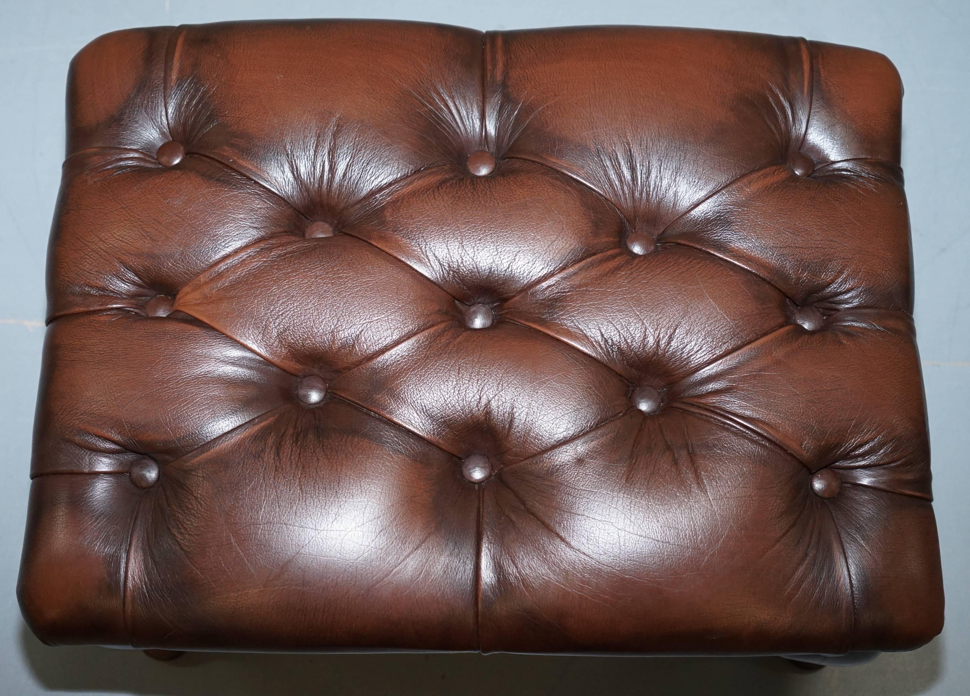 Georgian H Framed Chesterfield Wingback Brown Leather Armchair and Footstall 13