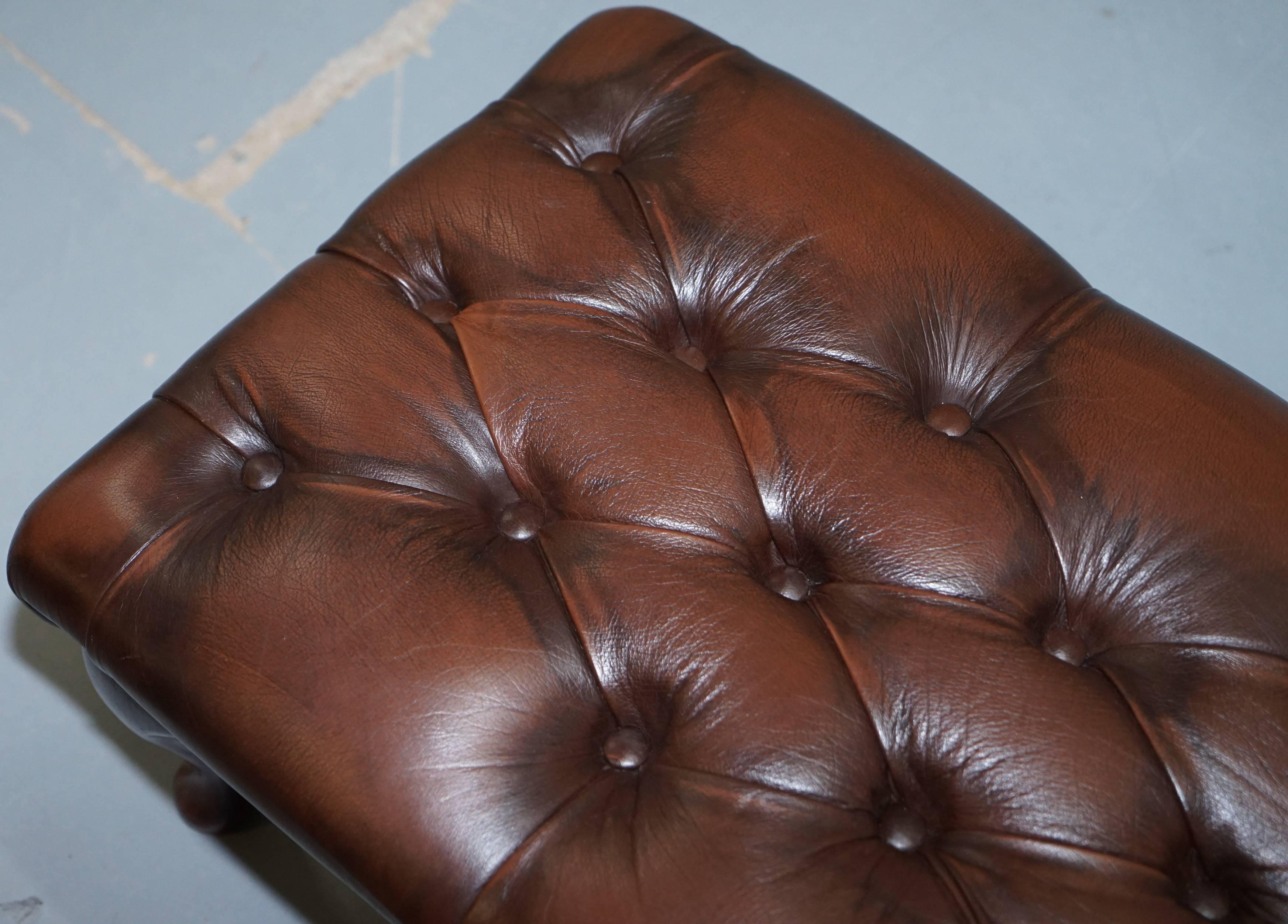 Georgian H Framed Chesterfield Wingback Brown Leather Armchair and Footstall 14