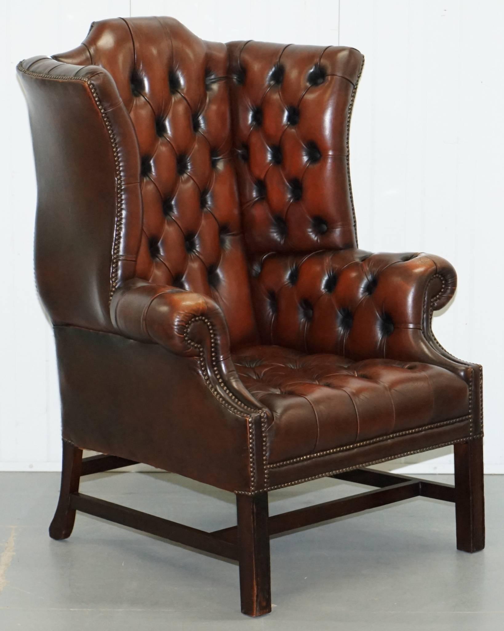 We are delighted to offer for sale lovely antique Georgian style vintage wingback armchair with matching footstool

A very good looking and decorative wingback armchair with the Georgian H framed base. Its called a H frame because if you lay the