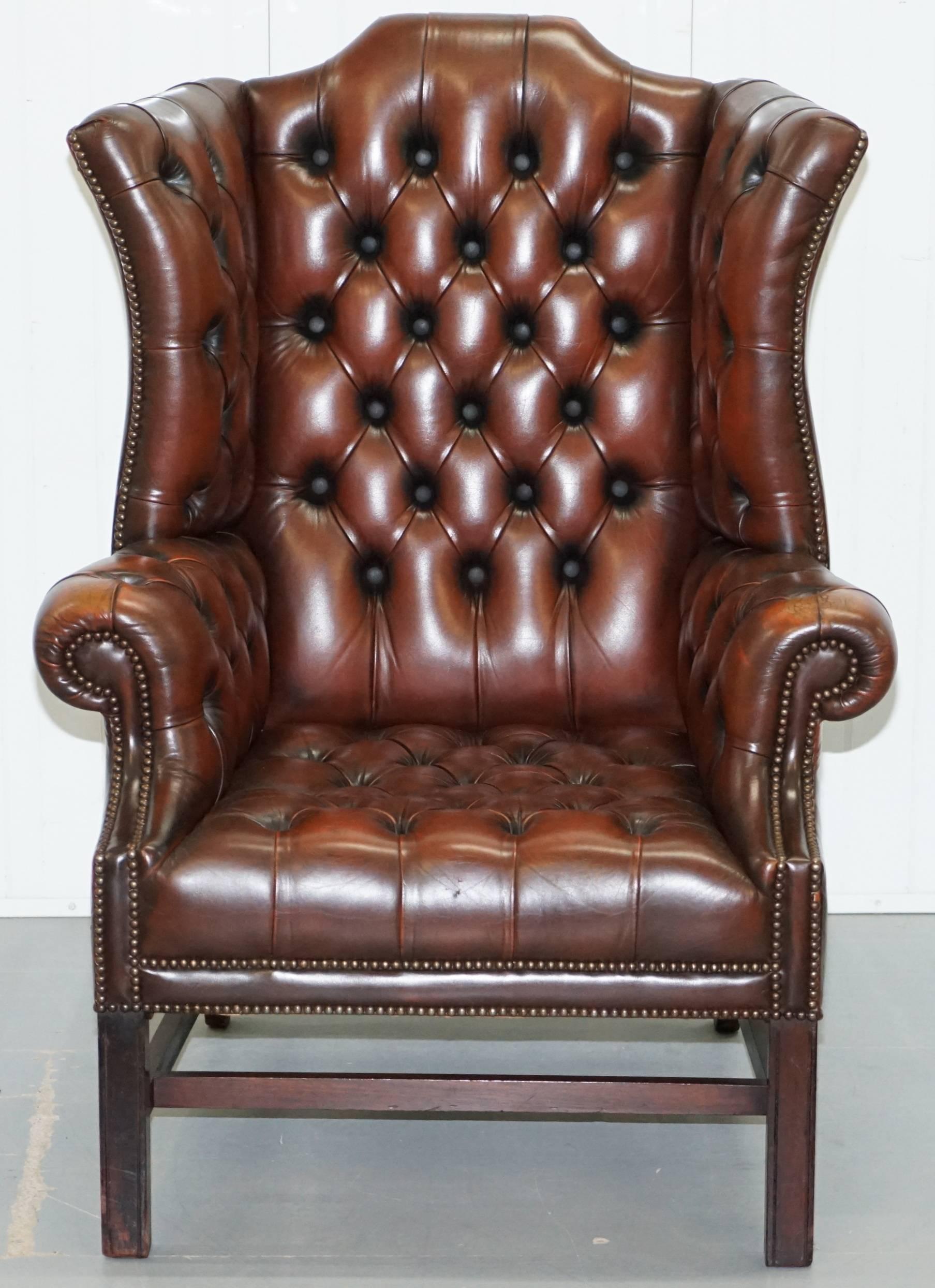 British Georgian H Framed Chesterfield Wingback Brown Leather Armchair and Footstall