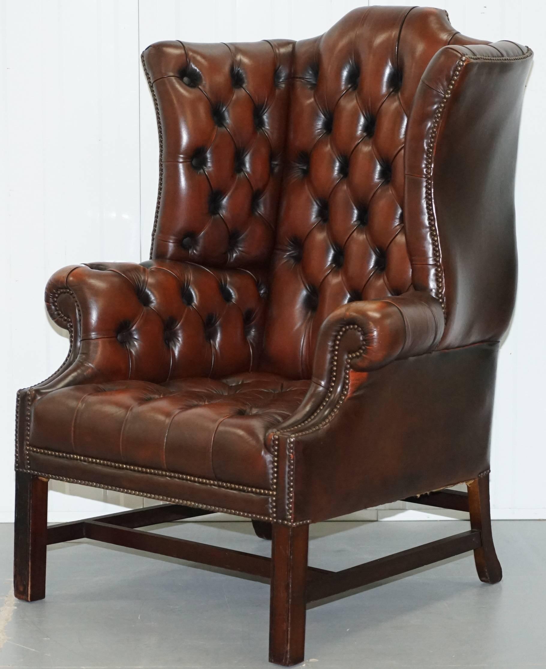 Hand-Crafted Georgian H Framed Chesterfield Wingback Brown Leather Armchair and Footstall