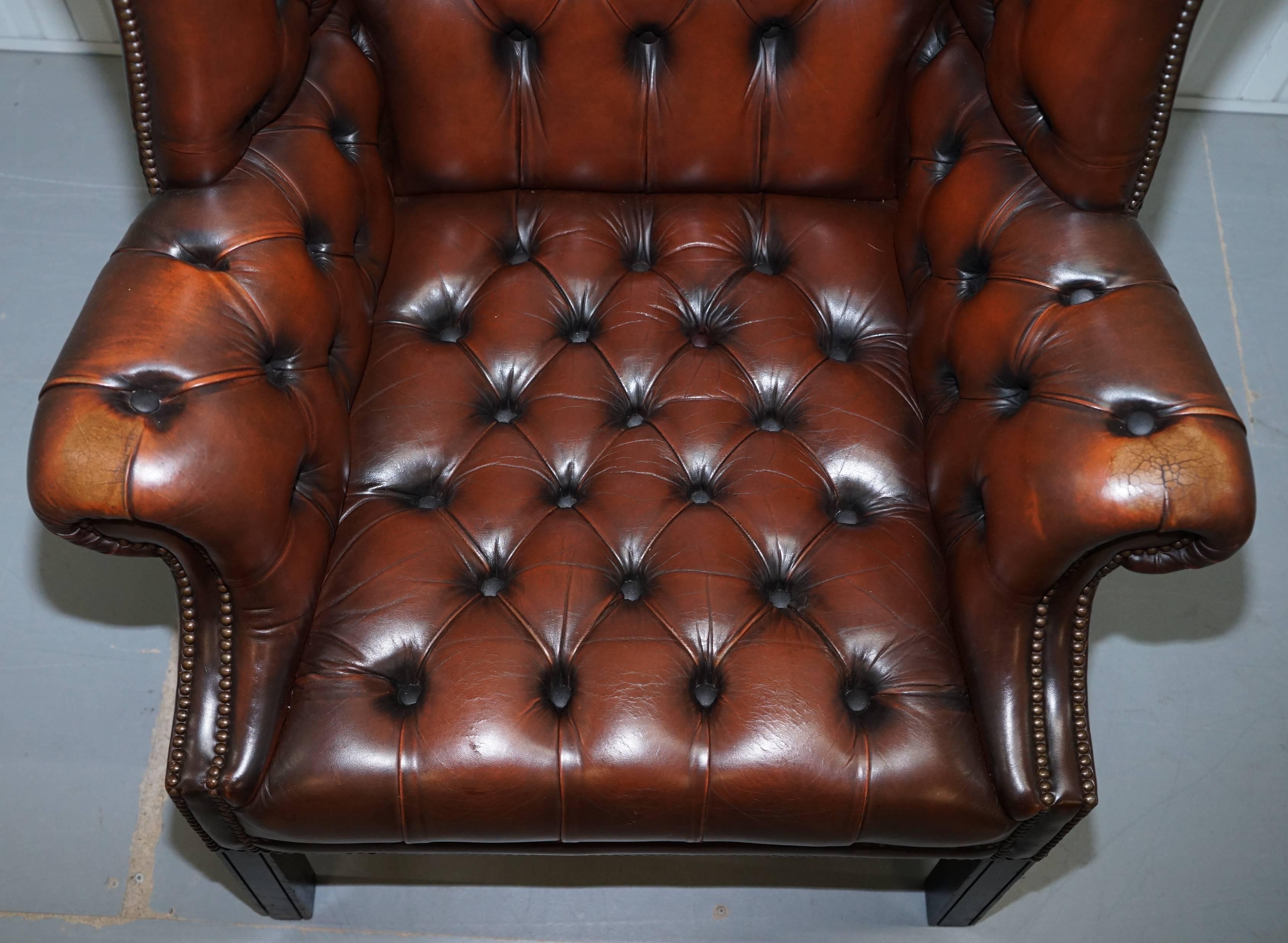 20th Century Georgian H Framed Chesterfield Wingback Brown Leather Armchair and Footstall