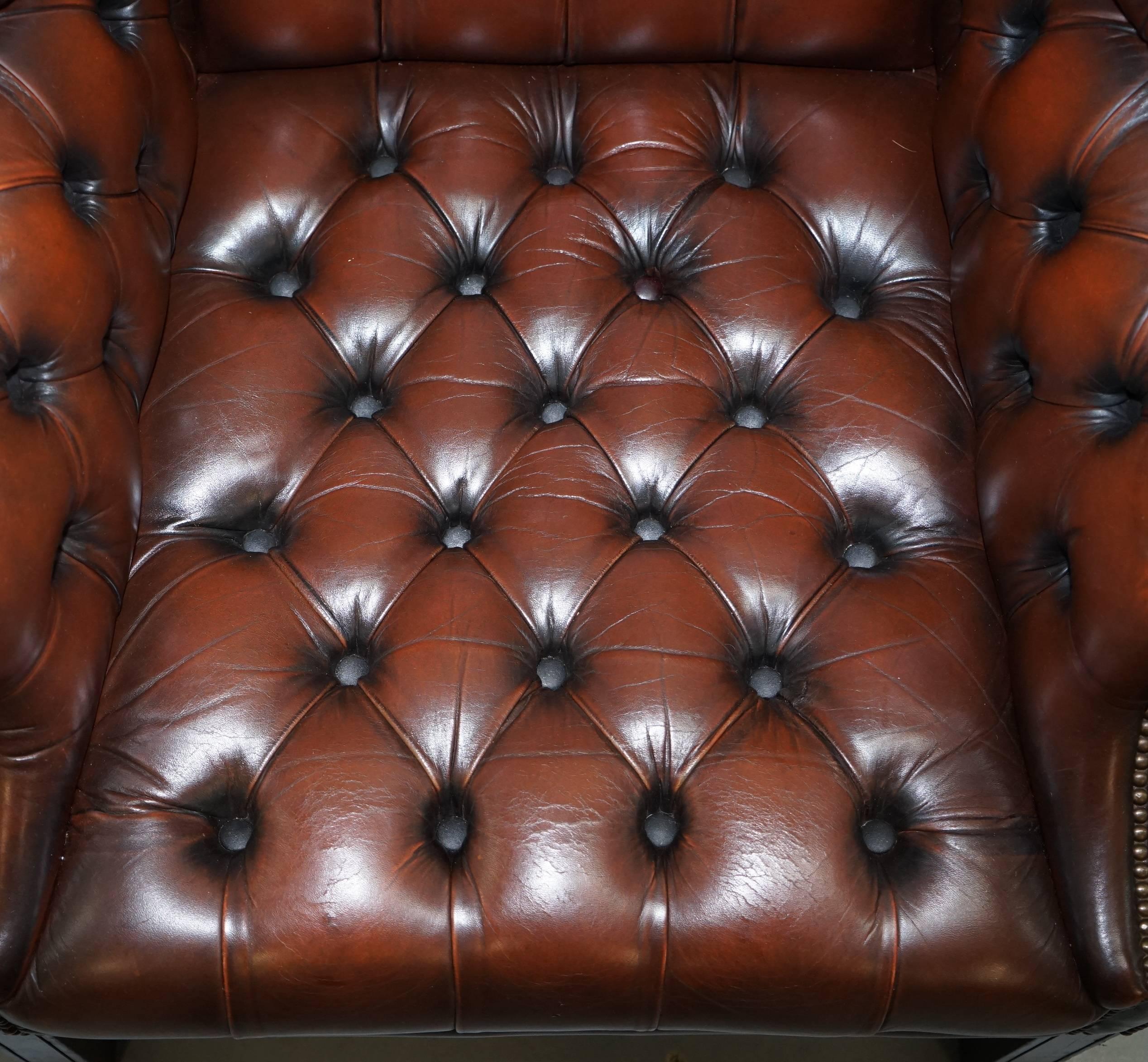 Georgian H Framed Chesterfield Wingback Brown Leather Armchair and Footstall 1