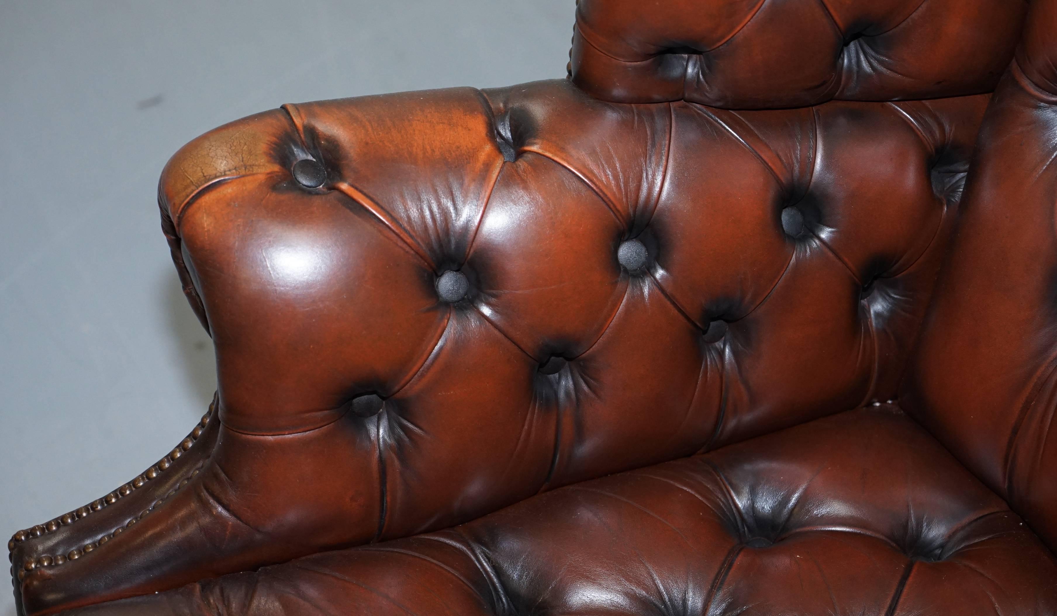 Georgian H Framed Chesterfield Wingback Brown Leather Armchair and Footstall 2