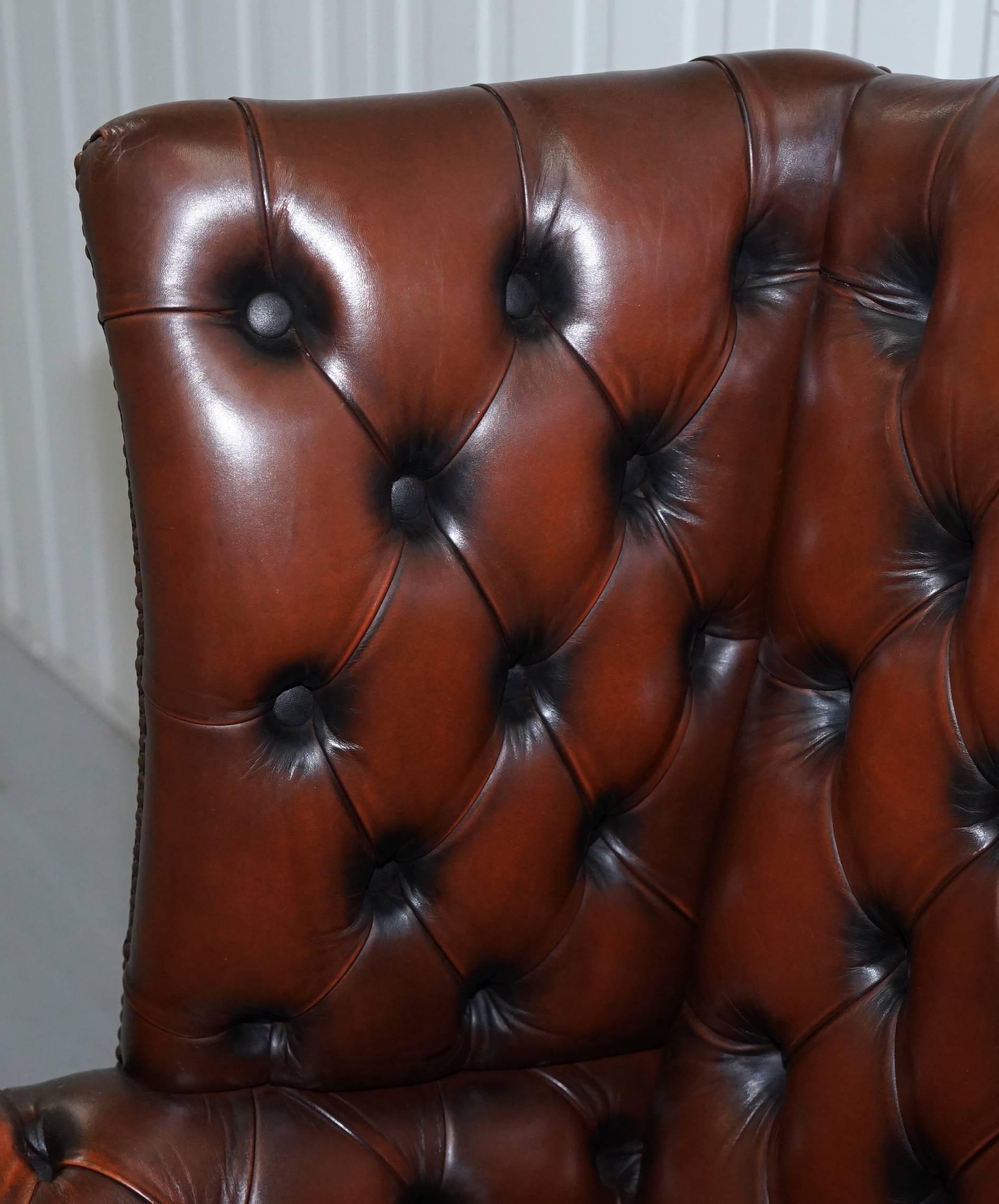 Georgian H Framed Chesterfield Wingback Brown Leather Armchair and Footstall 3