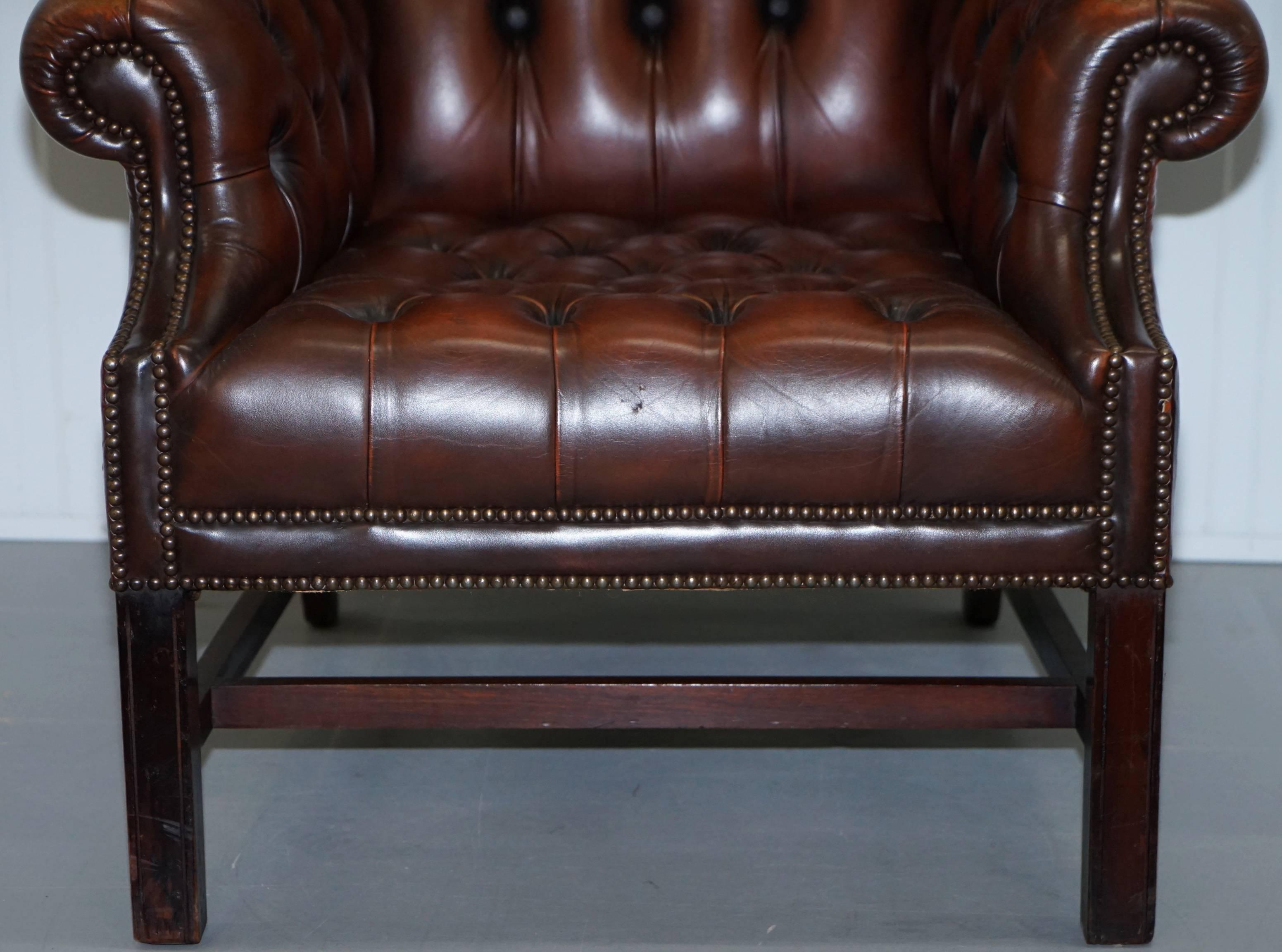 Georgian H Framed Chesterfield Wingback Brown Leather Armchair and Footstall 4