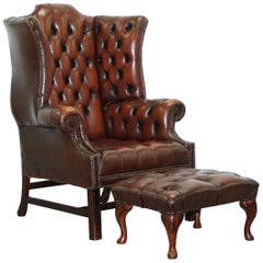 Georgian H Framed Chesterfield Wingback Brown Leather Armchair and Footstall