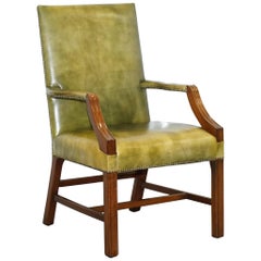 Georgian H Framed Green Leather Gainsborough Carver Armchair Hand Dyed Leather