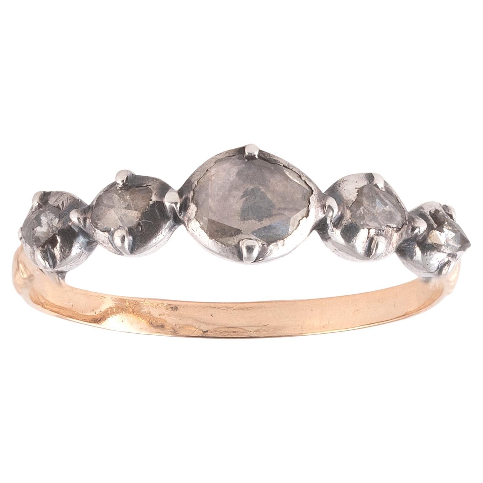Women's or Men's Georgian Half Hoop Ring Set With Five Rose Cut Diamonds