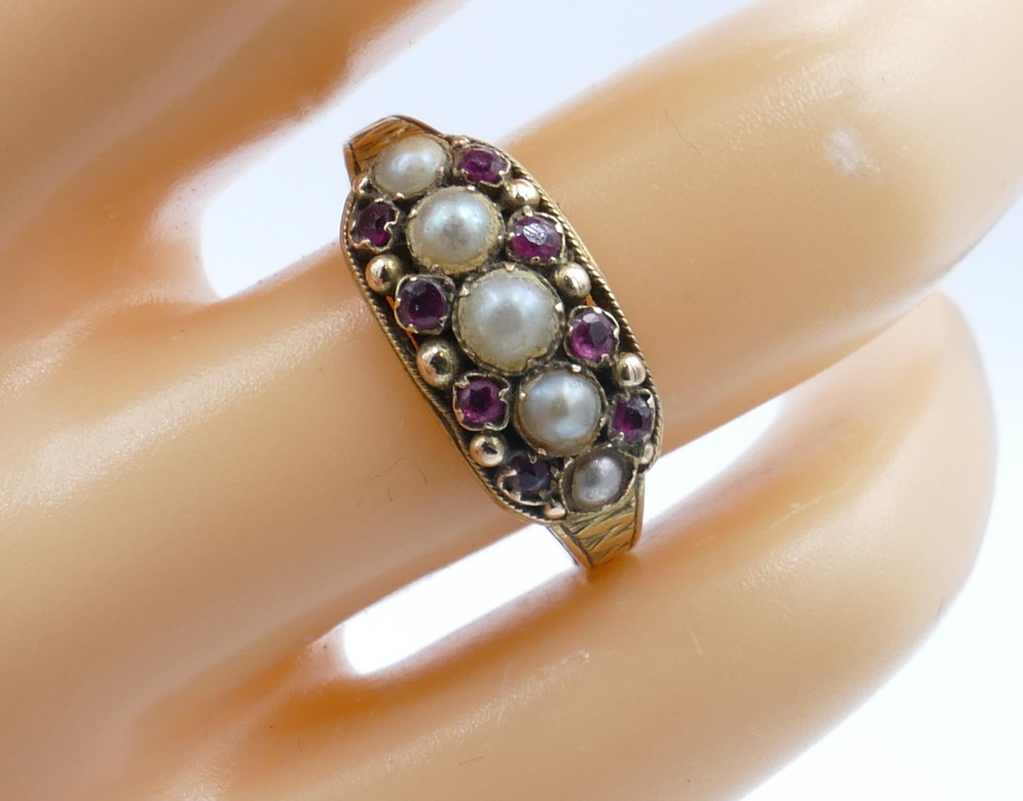 Women's or Men's Georgian Hallmarked Garnet & Seed Pearl Band Ring For Sale