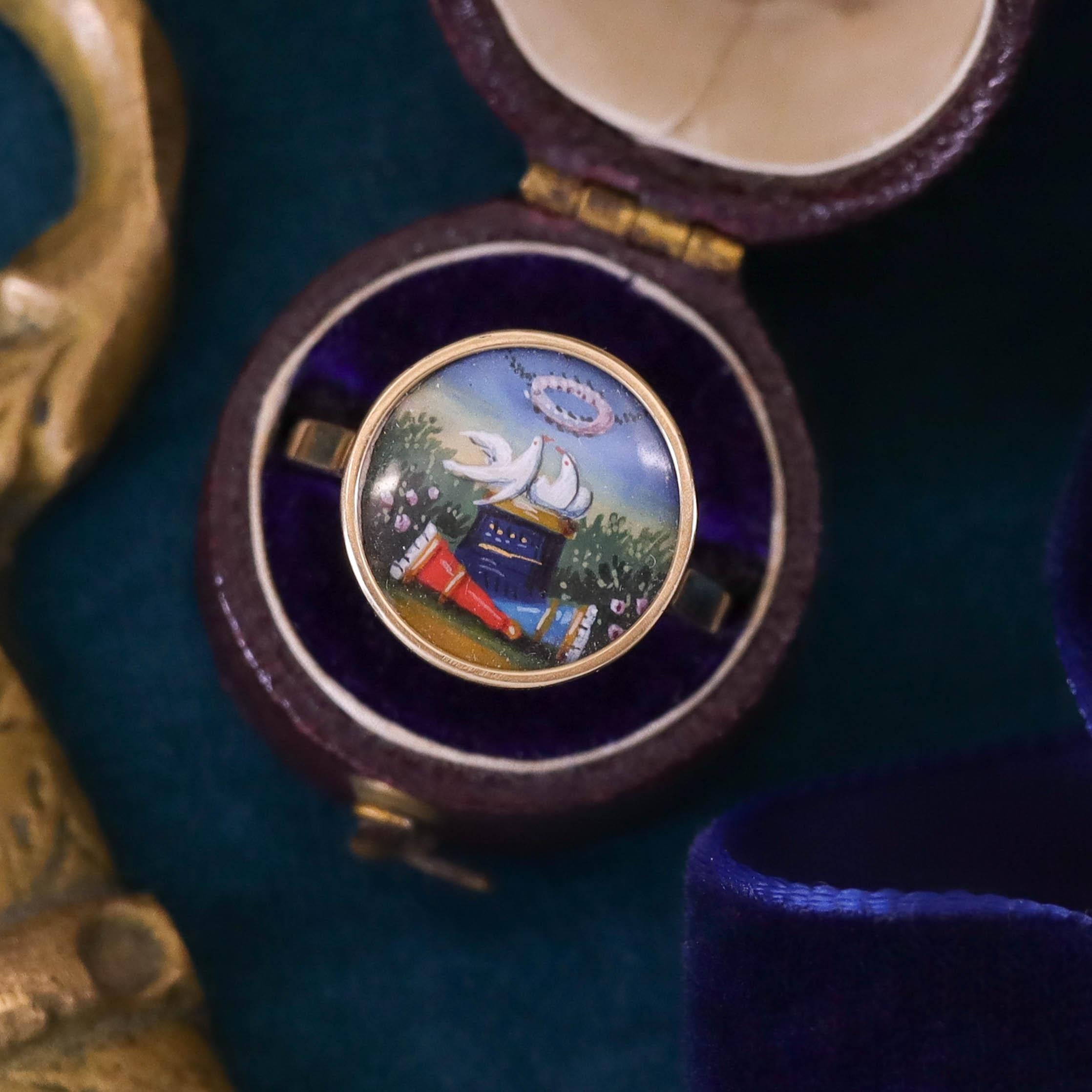 Georgian Hand Painted Dove Conversion Ring of 14k Gold 3