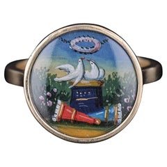 Georgian Hand Painted Dove Conversion Ring of 14k Gold