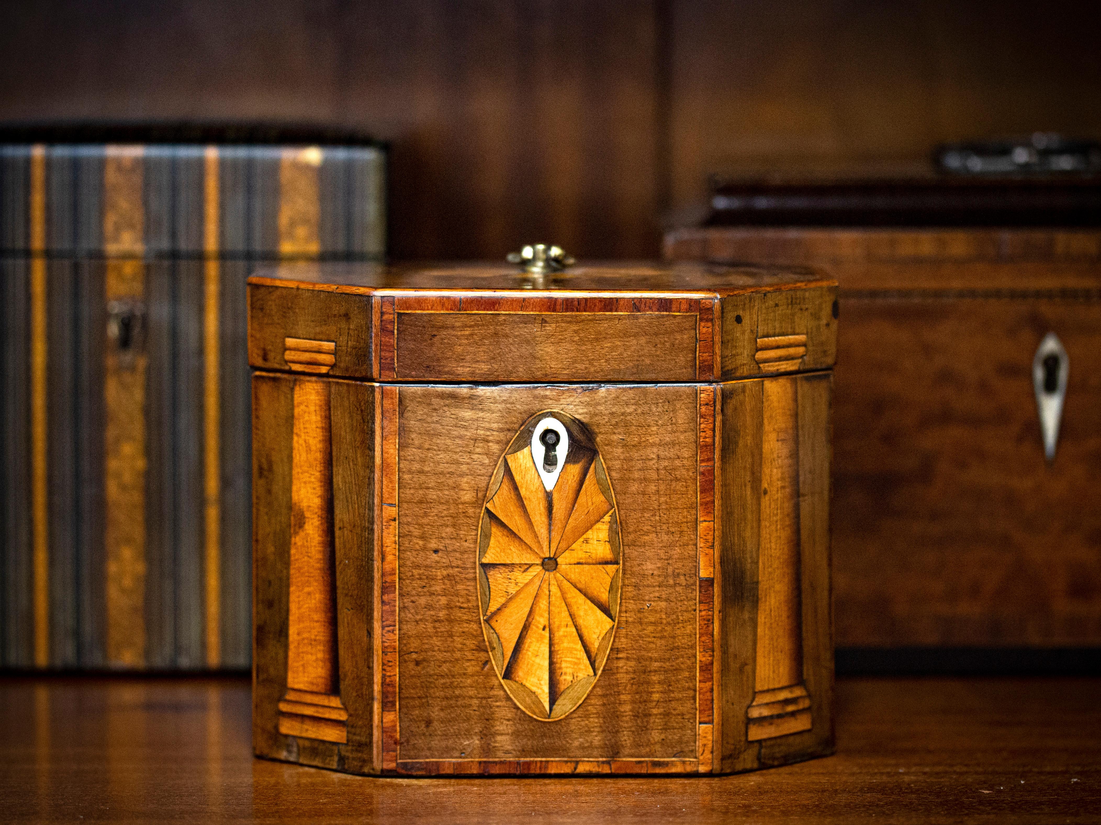 With Tuscan Columns & Fan Inlay.

From our Tea Caddy collection, we are pleased to offer this Georgian Harewood Tea Caddy. The Tea Caddy of octagonal shape with a Harewood veneer exterior and crossbanded Tulipwood with Boxwood edging. The front