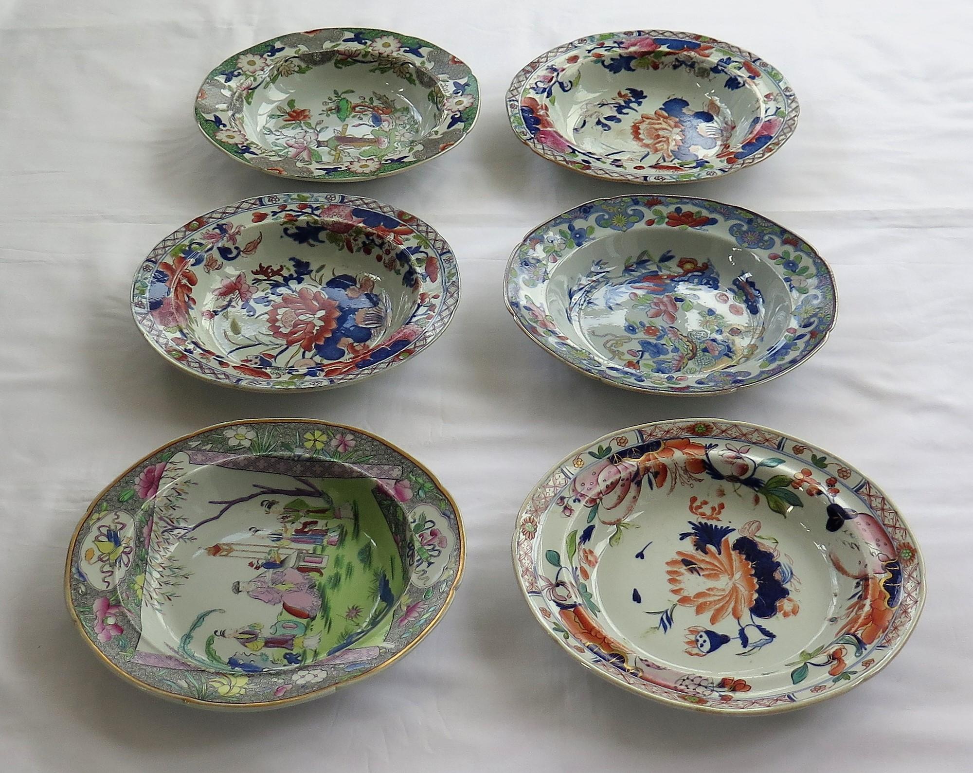 This is a harlequin set of six Mason's Ironstone soup plates or bowls, all dating to the earliest recorded George 3rd period between 1813 and 1820.

These large soup bowls or plates compliment the large Mason's dinner plates we also have listed