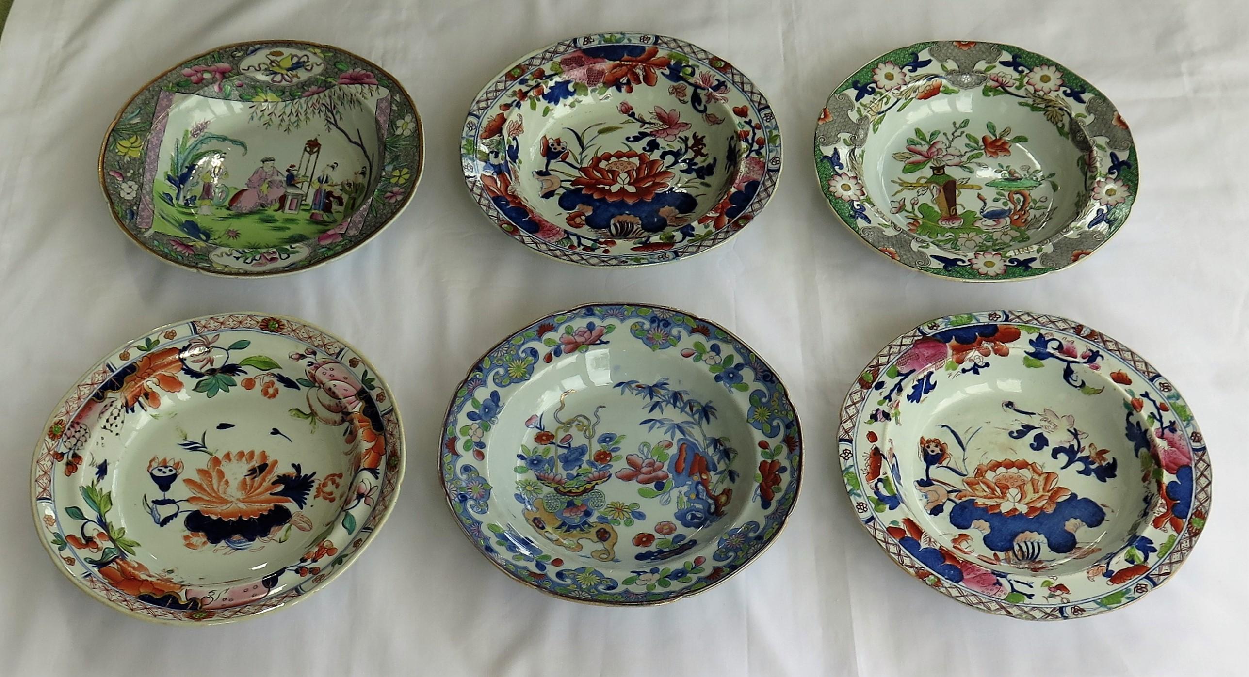 English Georgian Harlequin Set of Six Mason's Ironstone Soup Bowls or Plates, circa 1815