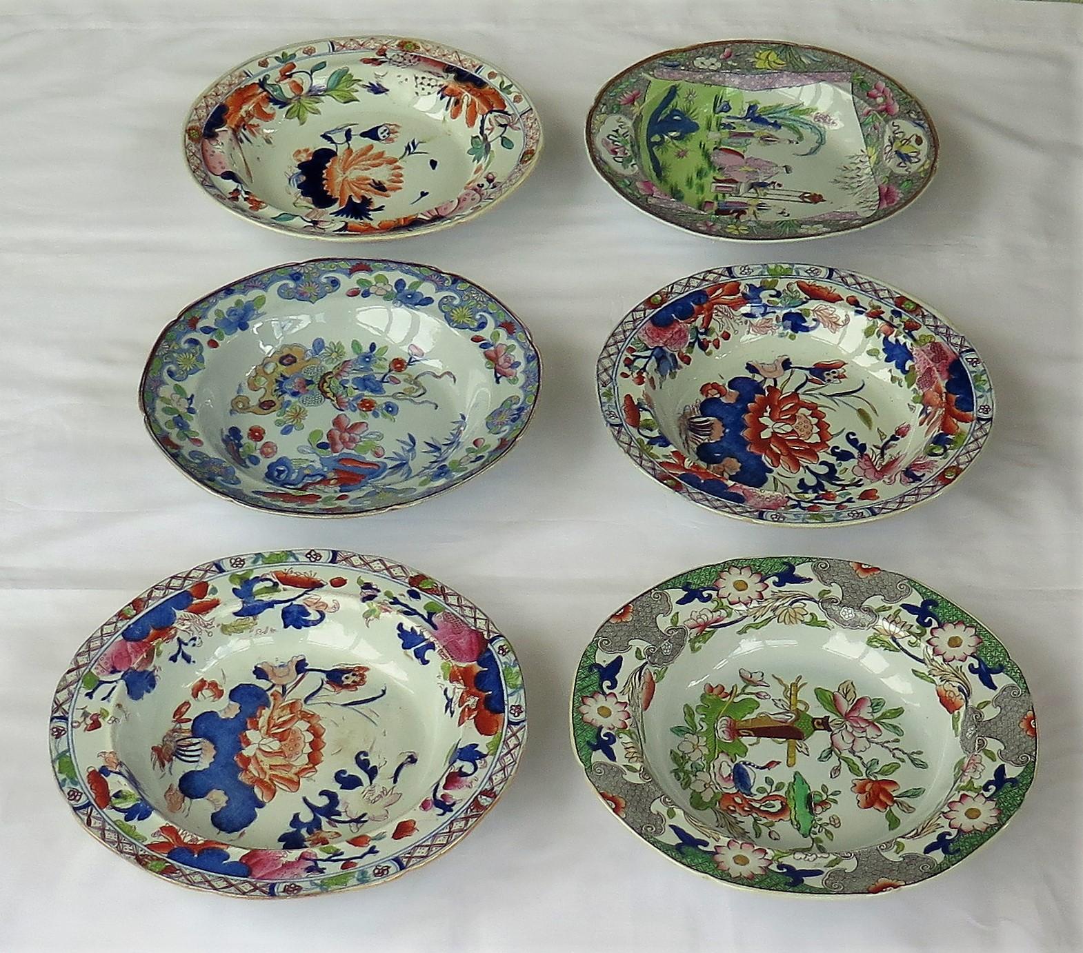 19th Century Georgian Harlequin Set of Six Mason's Ironstone Soup Bowls or Plates, circa 1815