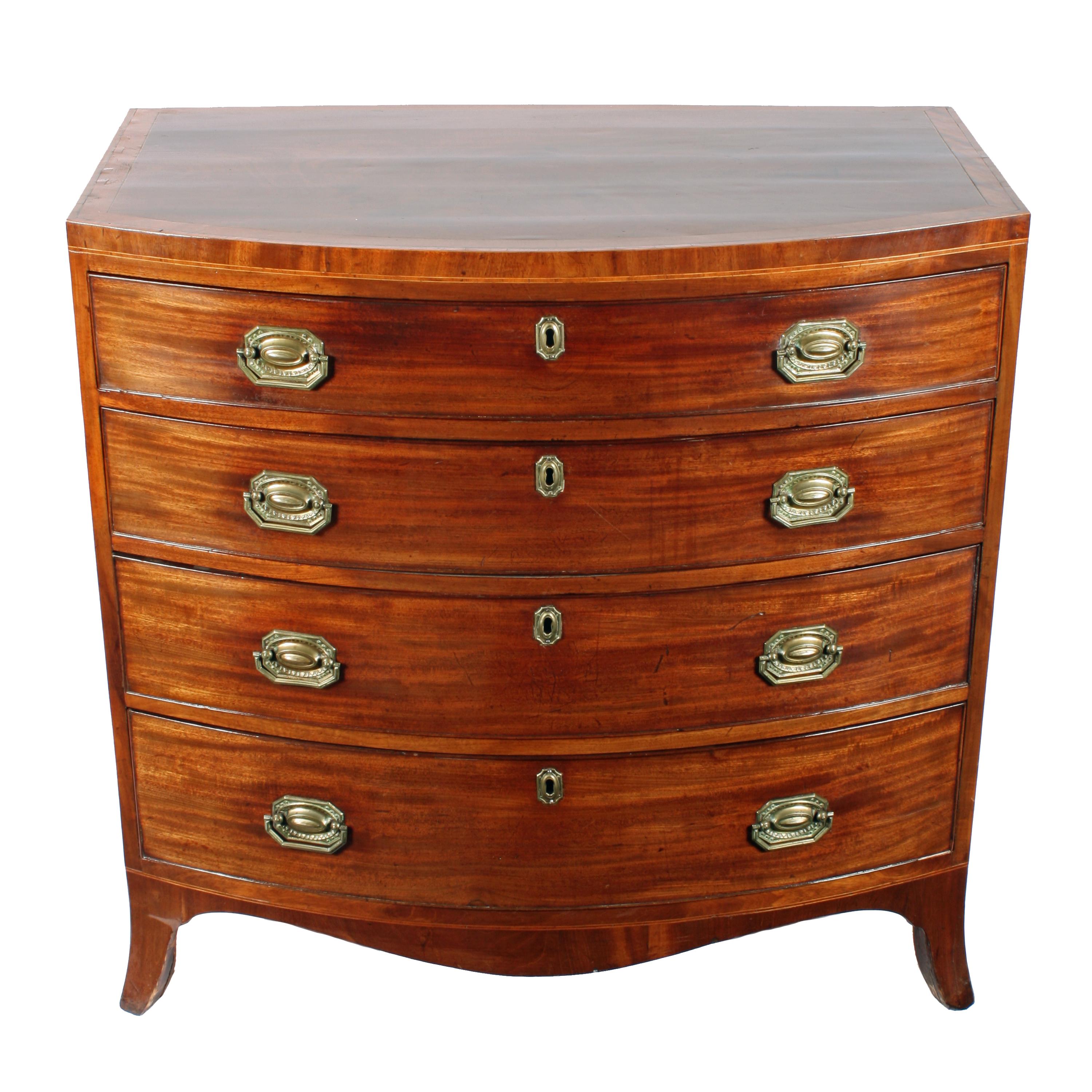 Georgian Hepplewhite bow front chest


A Georgian mahogany bow fronted Hepplewhite chest of drawers.

The chest has a satinwood and kingwood cross banded top with box wood and ebony line inlays.

The chest has four graduated drawers that are