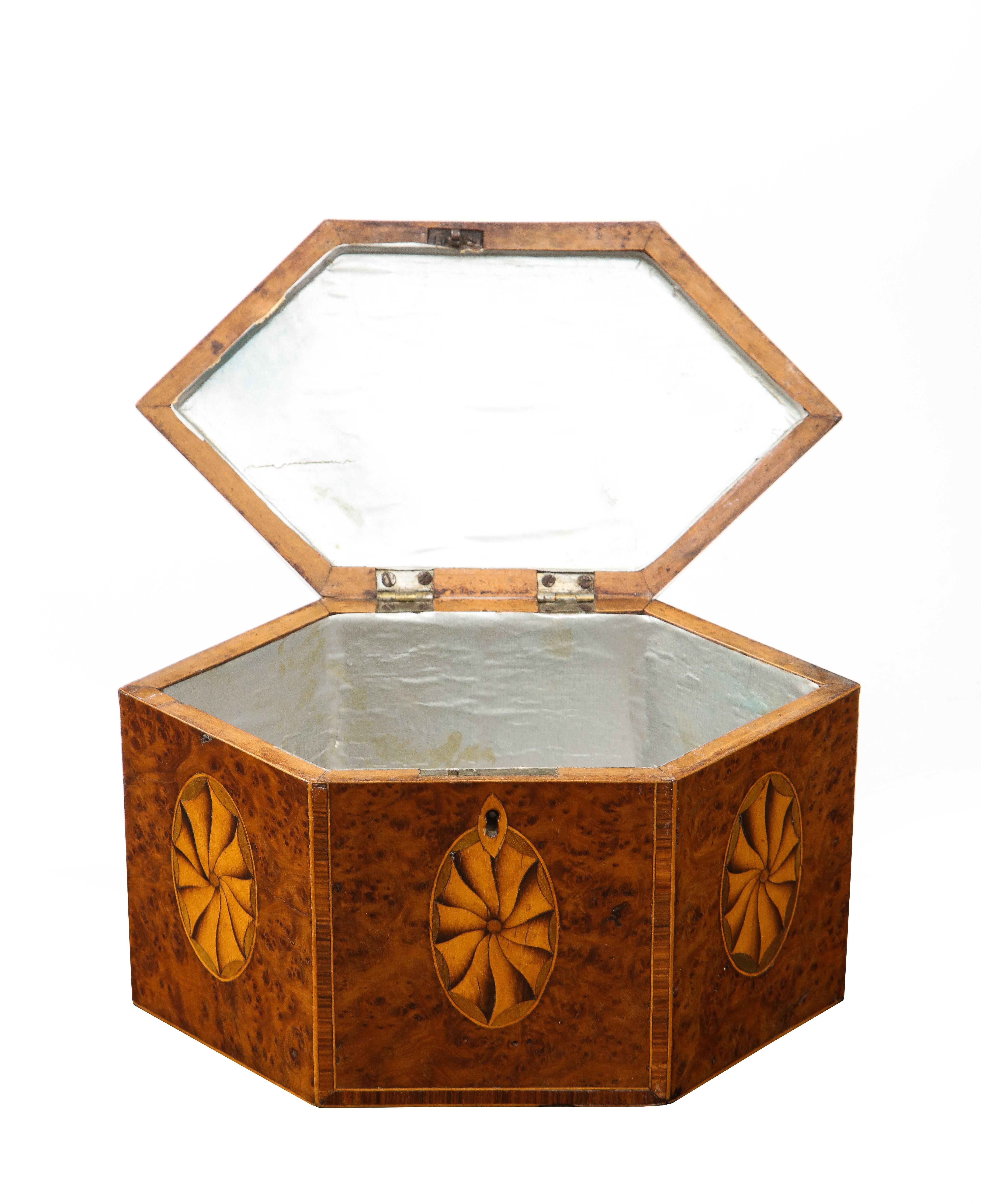 Late 18th Century Georgian Hexagonal Inlaid Burl Tea Caddy For Sale