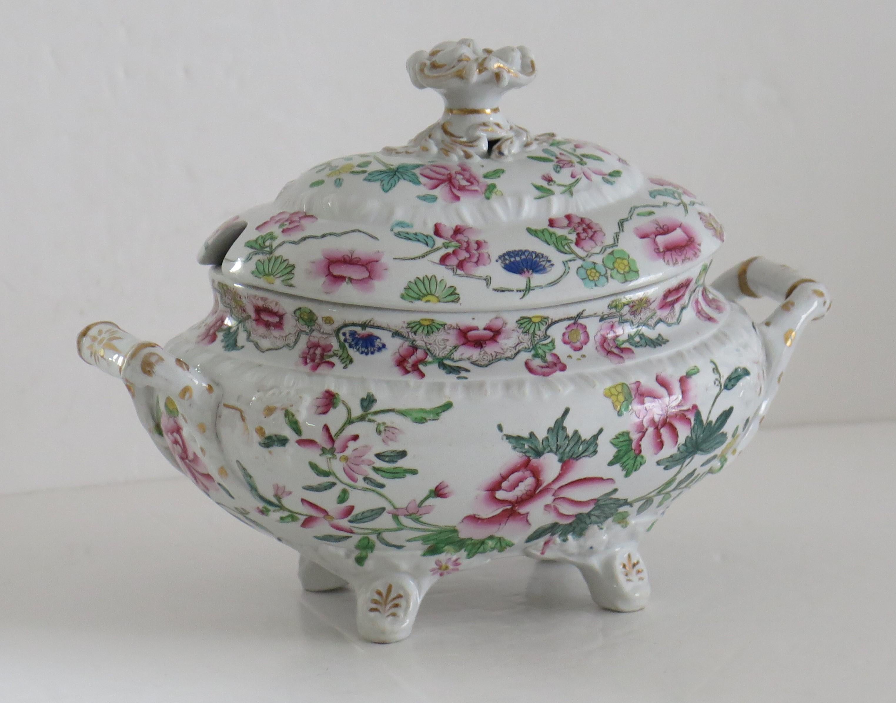 This is a good ironstone Sauce Tureen in hand painted floral pattern No. 8, made by Hicks and Meigh of Shelton, Staffordshire, England between 1812 and 1822, circa 1815.

The piece is well potted with two side handles, sitting on four small feet