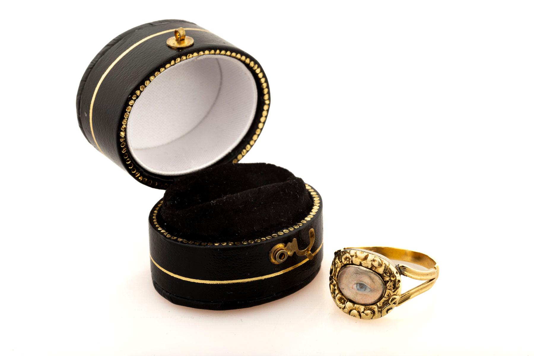 An event in Georgian Antique Jewelry is the superb example of the extremely rare Eye Ring Miniature. The ring is an emotionally charged love ring depicting only the eye of a secret love. It was an attempt to show the window to the soul where deep
