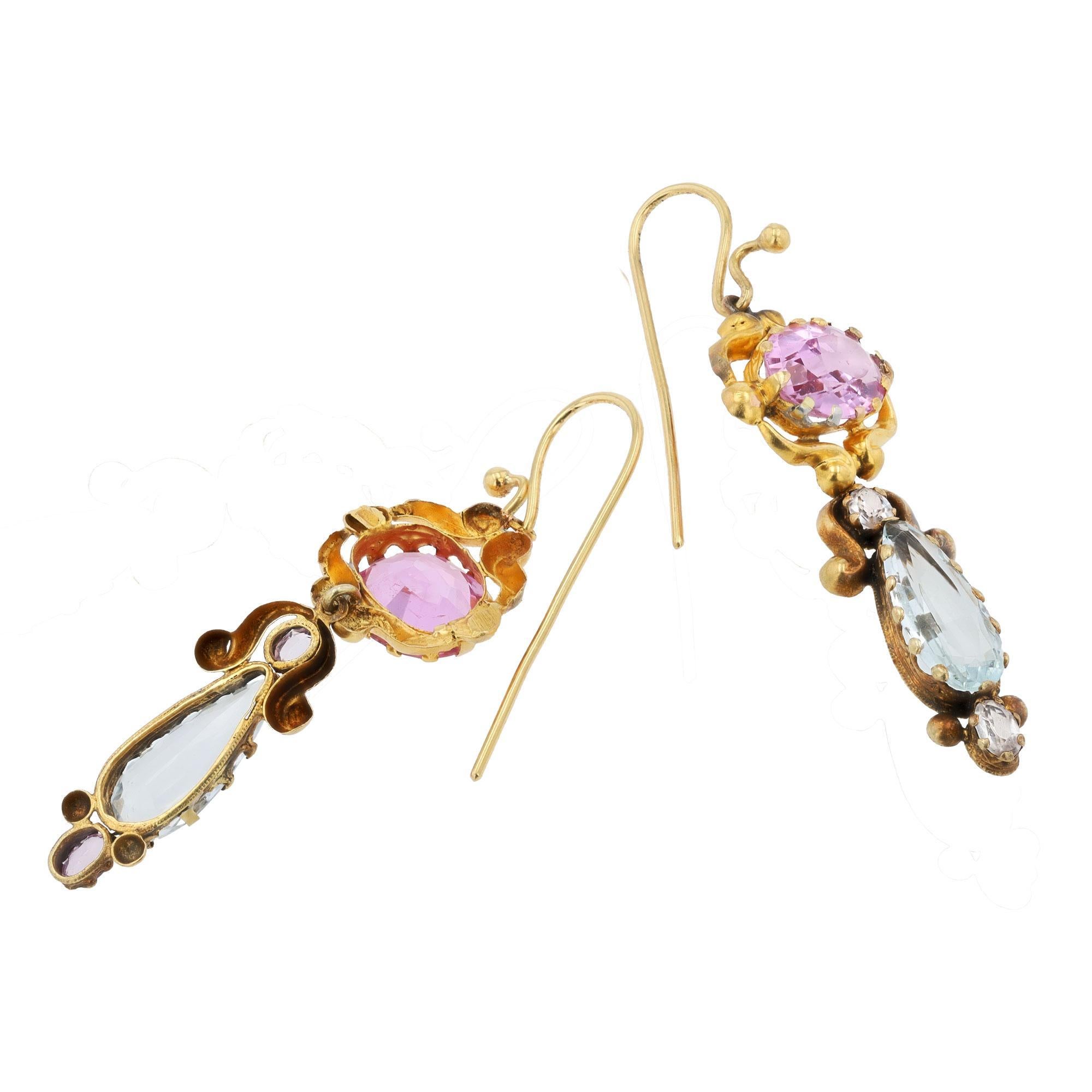 Oval Cut Georgian High Karat Gold Imperial Topaz & Aquamarine Drop Earrings