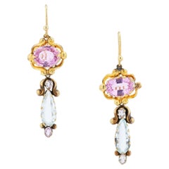 Georgian High Karat Gold Imperial Topaz & Aquamarine Drop Earrings