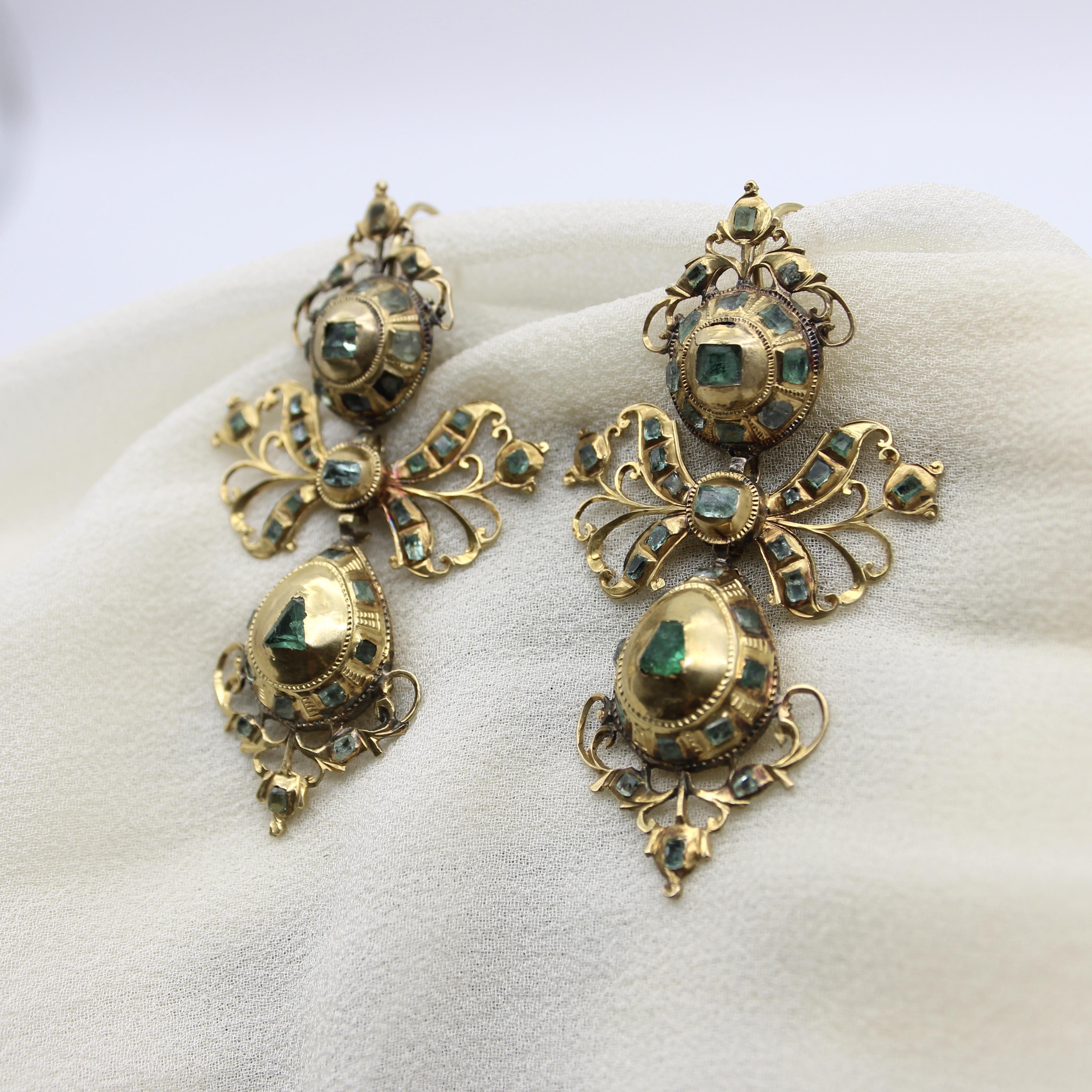 Georgian Iberian 18K Gold Pendeloque Emerald Earrings 1