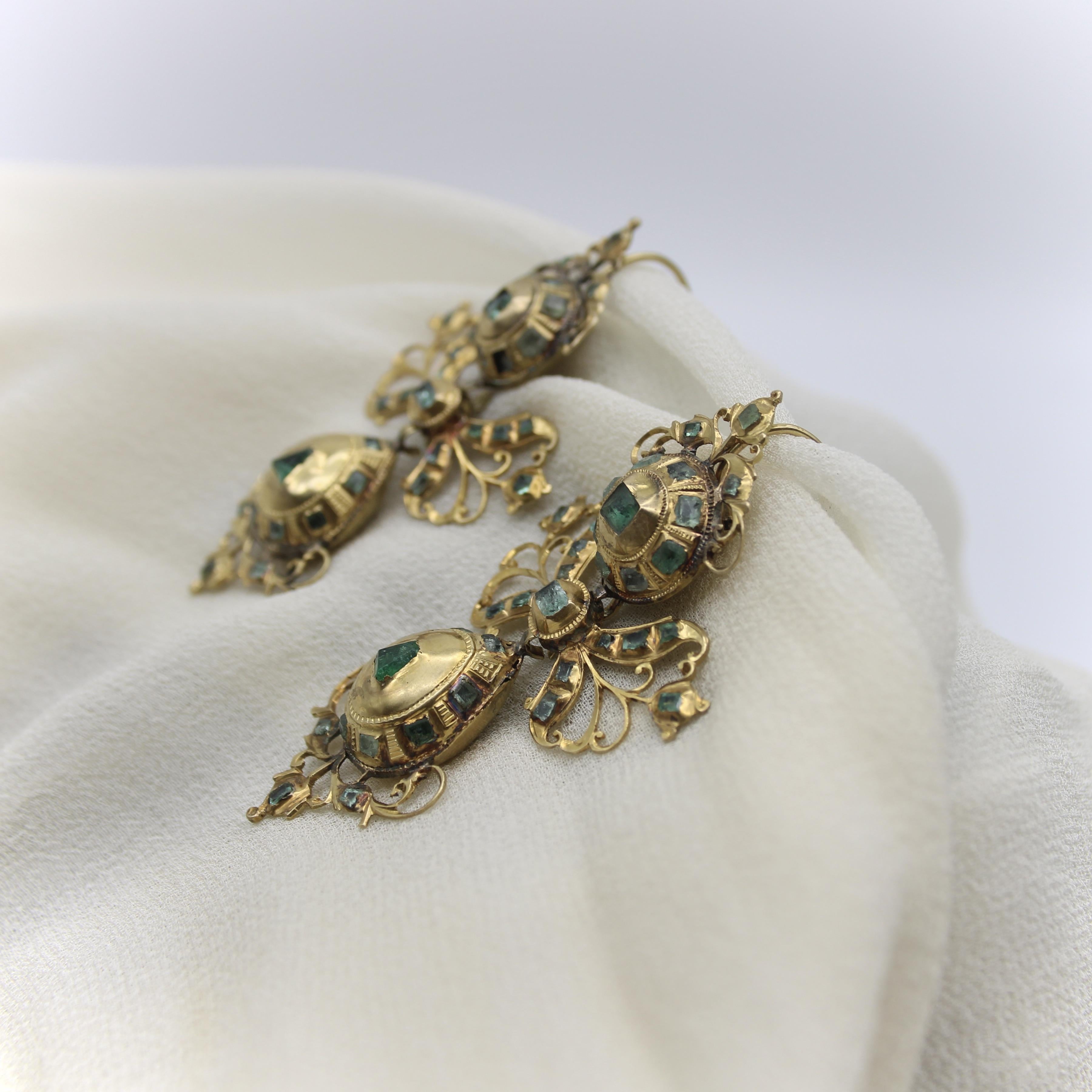 Georgian Iberian 18K Gold Pendeloque Emerald Earrings 2