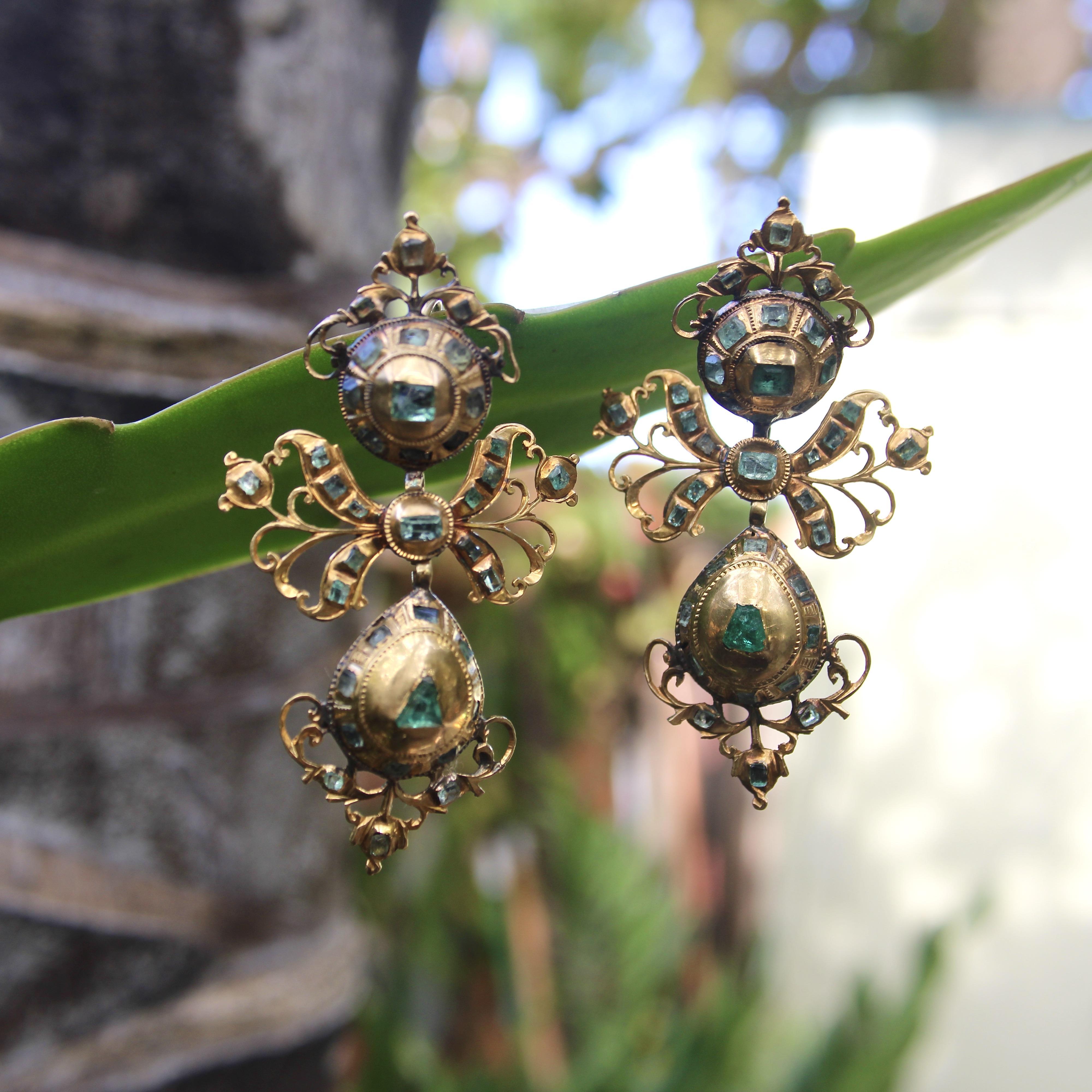 Georgian Iberian 18K Gold Pendeloque Emerald Earrings 3