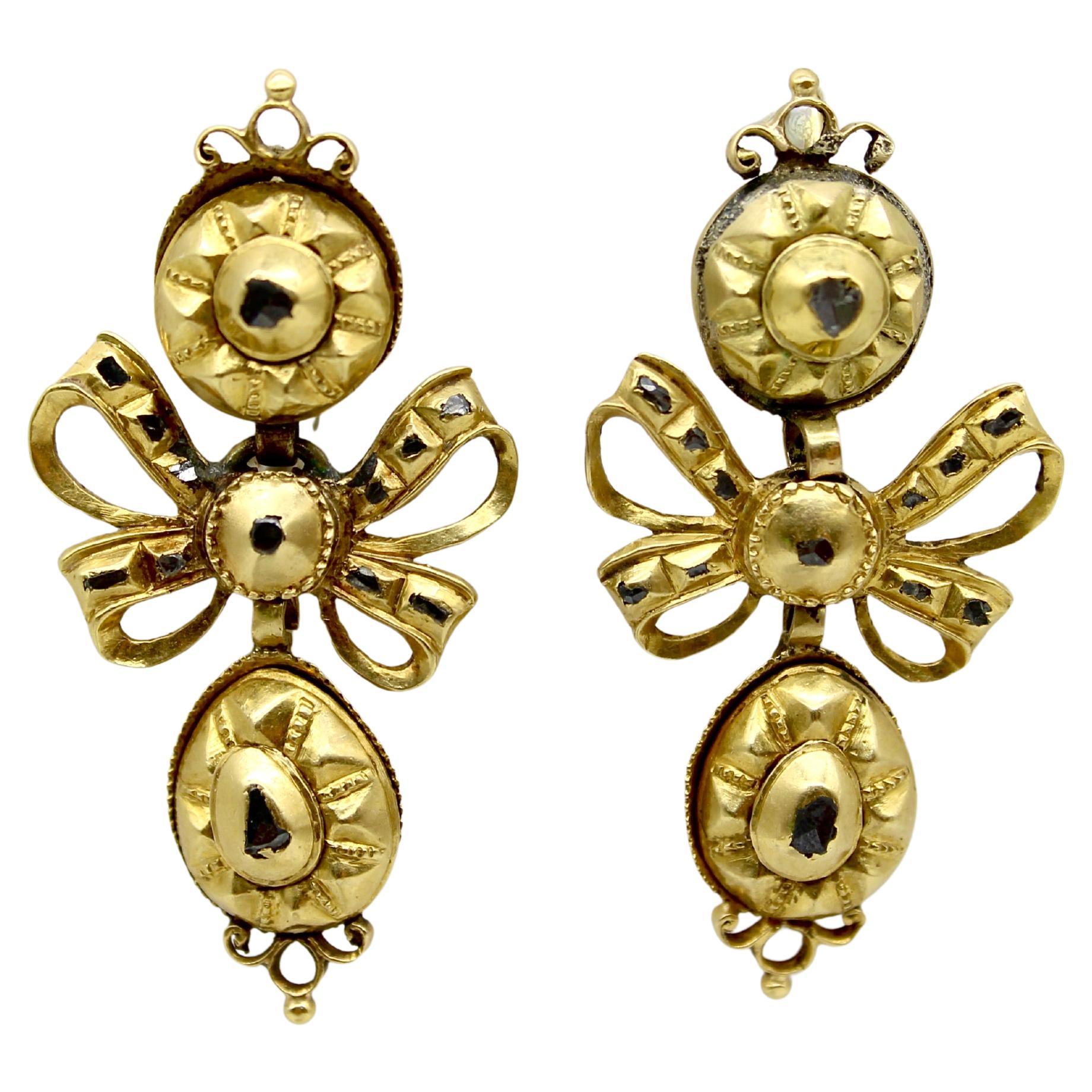 Georgian Iberian 21K Gold Pendeloque Diamond Earrings