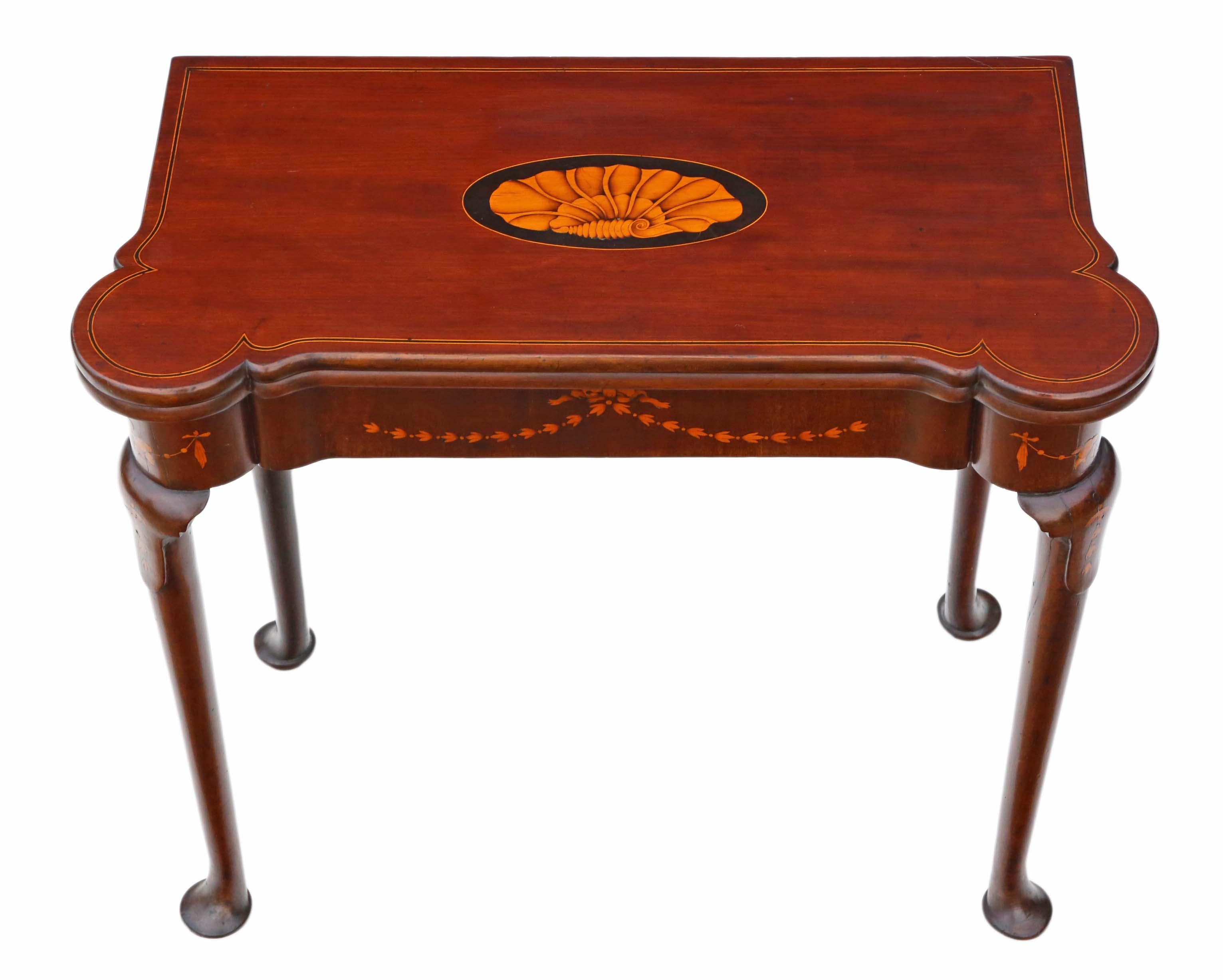 Antique fine quality George II circa 1750 inlaid mahogany folding card table tea console.
A very rare quality table in very good condition that is full of age, charm and character.
Solid, with no loose joints and no woodworm. The oak lined drawer