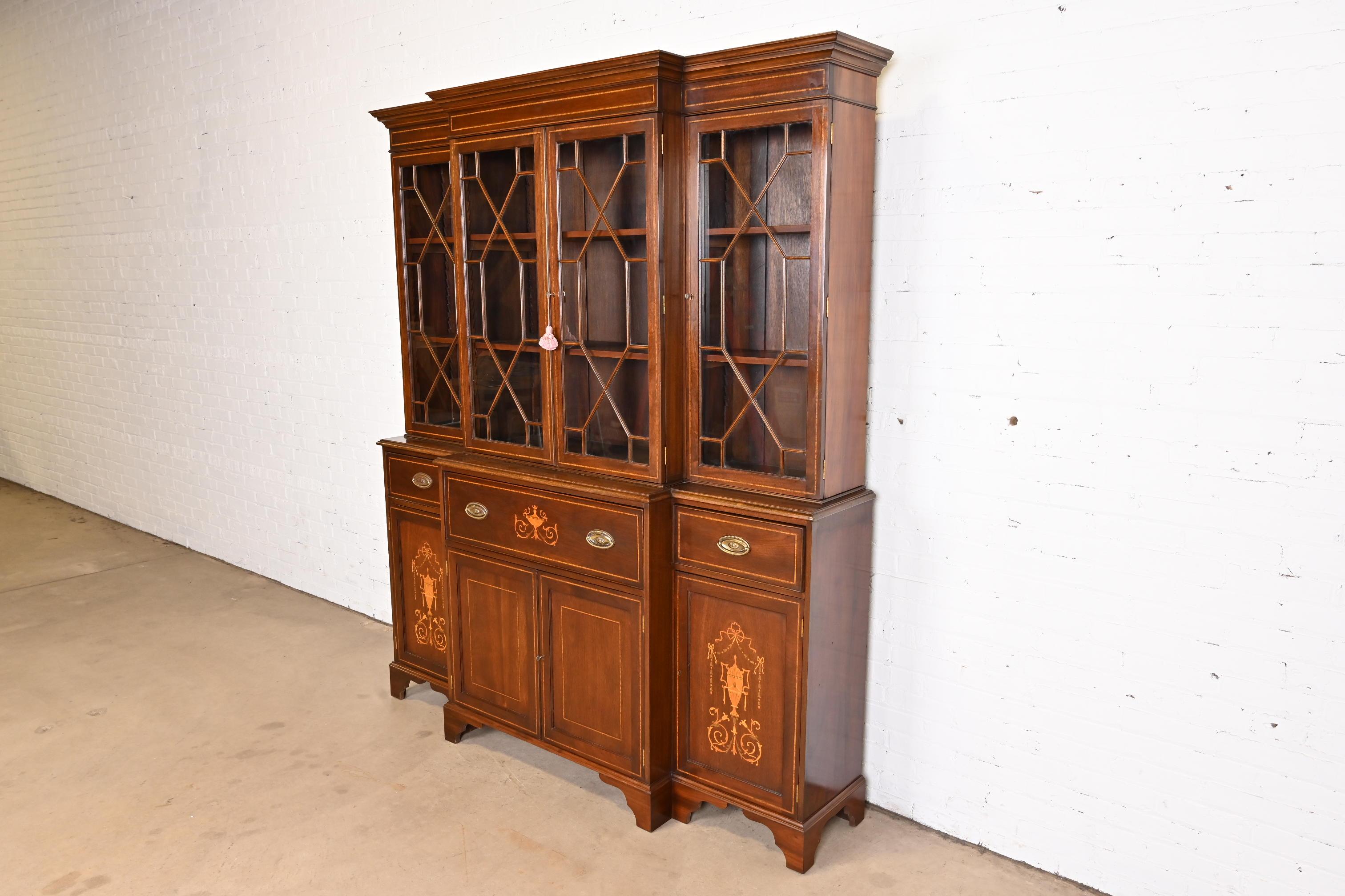 Georgian Inlaid Mahogany Breakfront Bookcase With Drop Front Secretary Desk In Good Condition In South Bend, IN