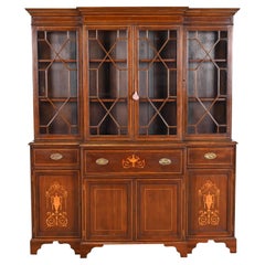 Antique Georgian Inlaid Mahogany Breakfront Bookcase With Drop Front Secretary Desk