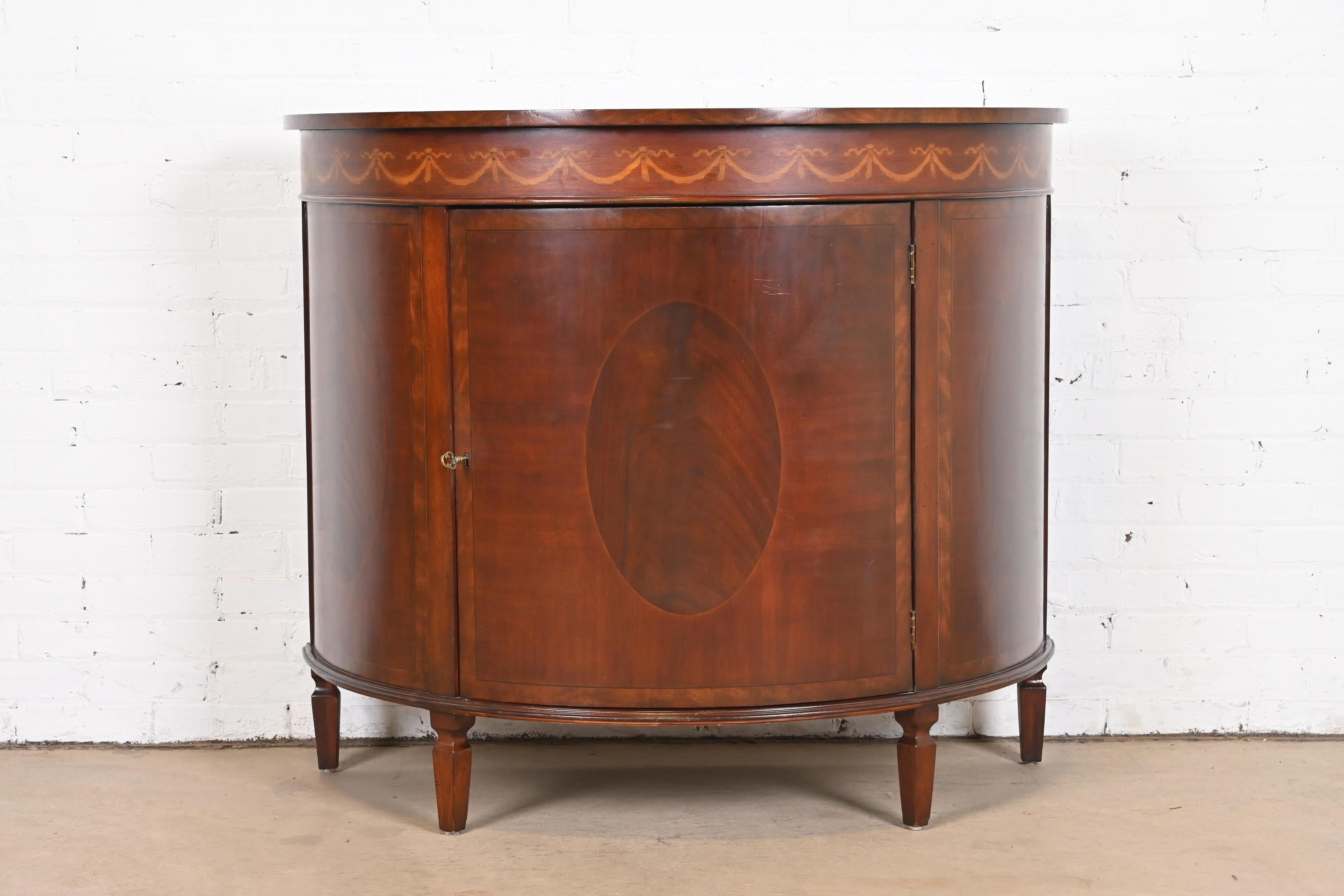 American Georgian Inlaid Mahogany Demilune Cabinet in the Manner of Baker Furniture