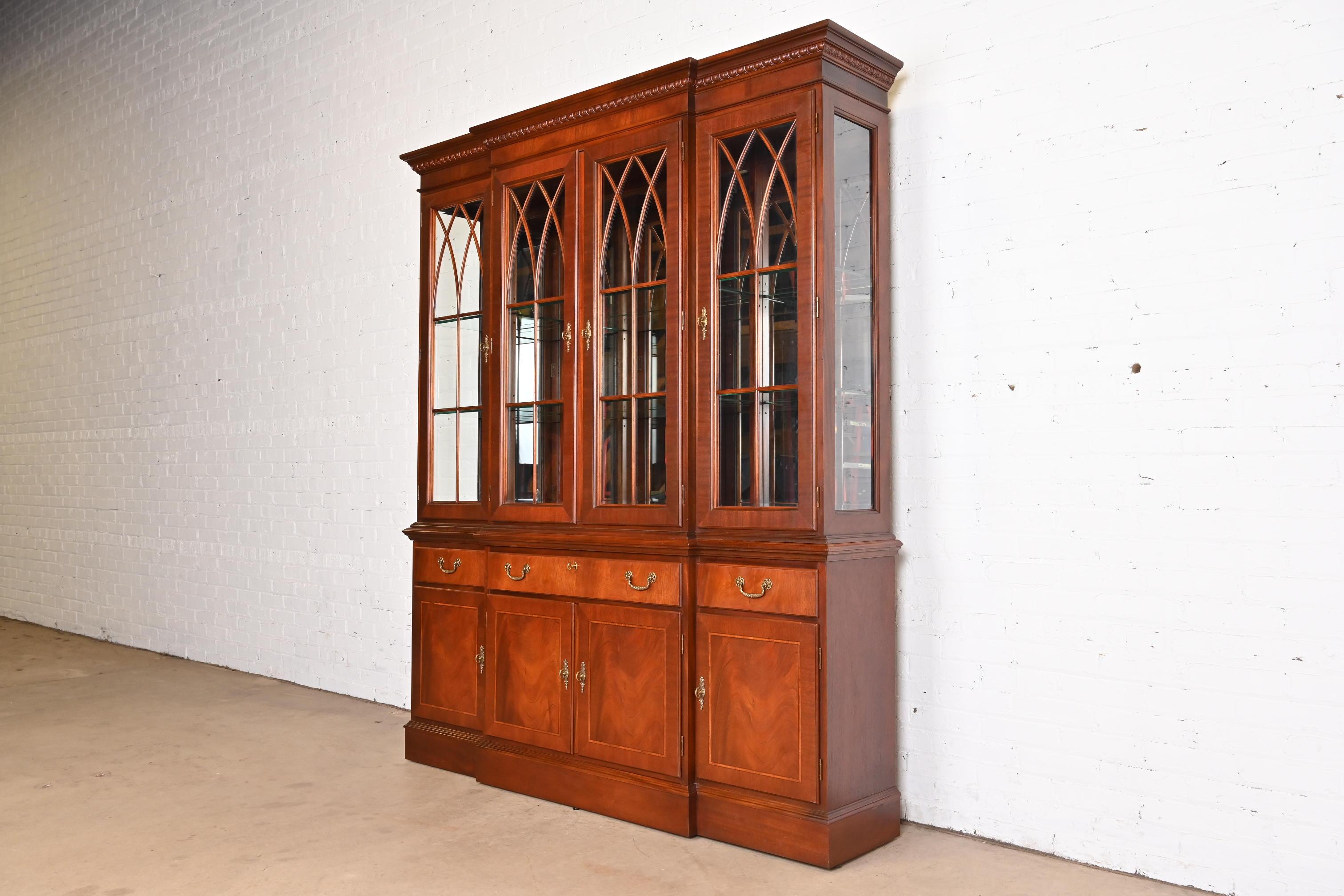 American Georgian Inlaid Mahogany Lighted Breakfront Bookcase Cabinet For Sale