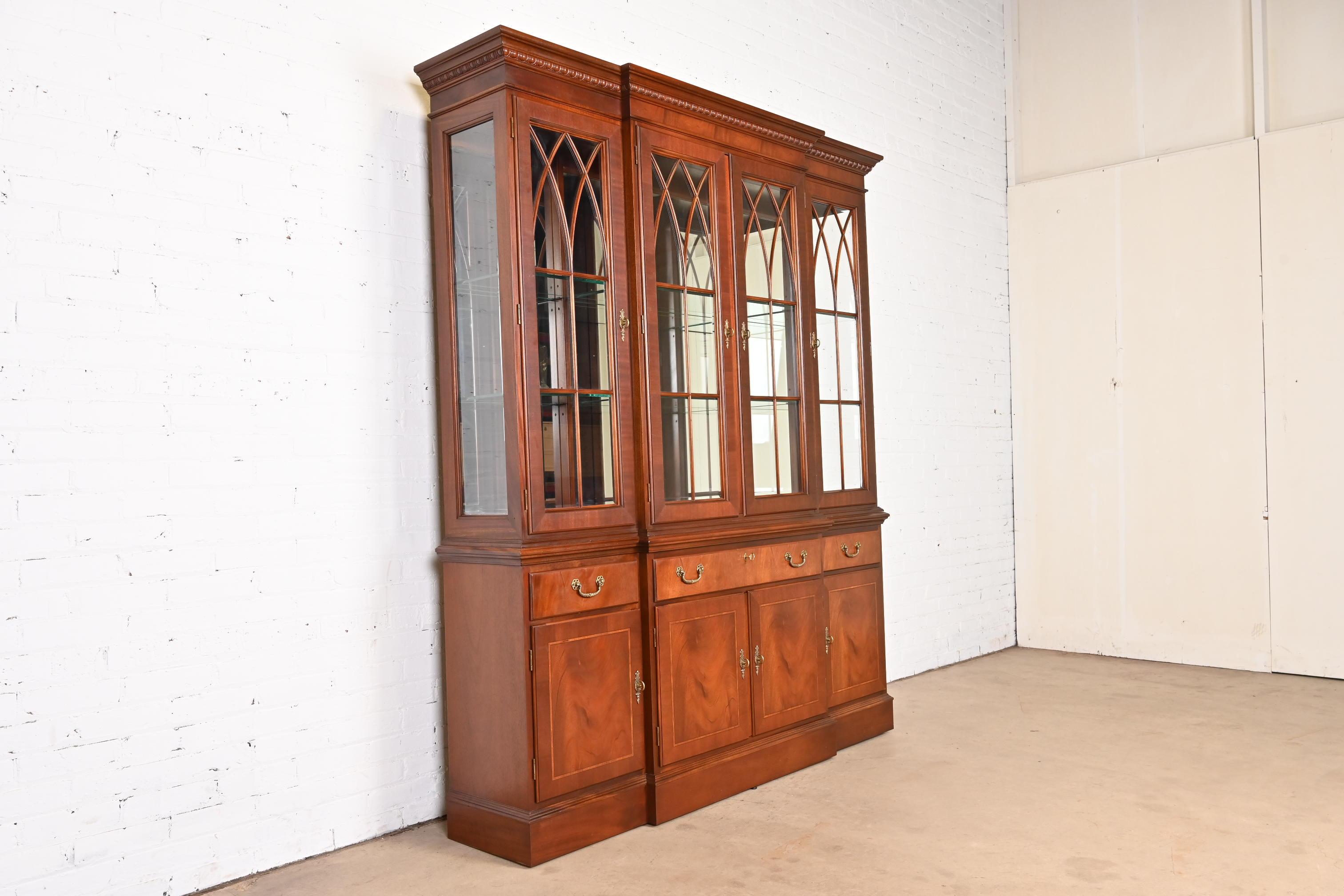 20th Century Georgian Inlaid Mahogany Lighted Breakfront Bookcase Cabinet For Sale
