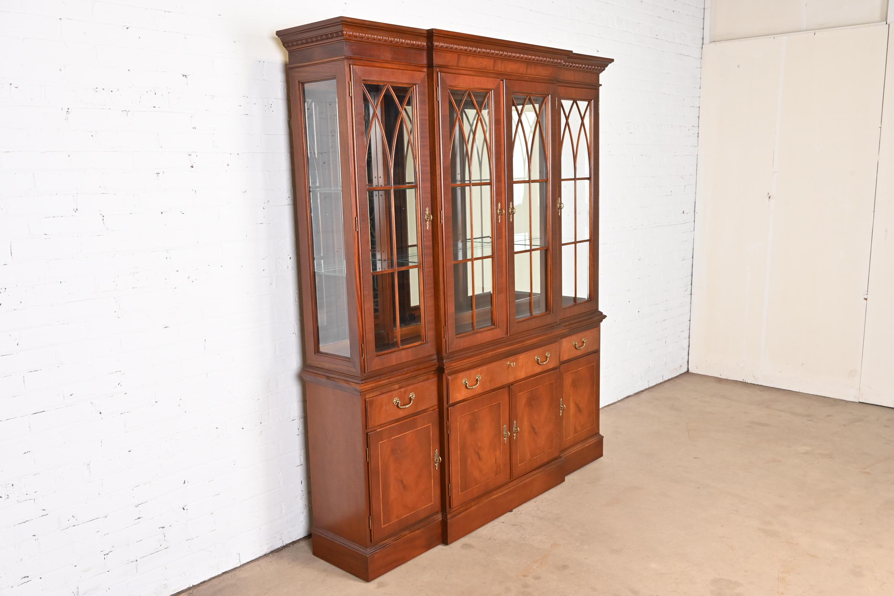Brass Georgian Inlaid Mahogany Lighted Breakfront Bookcase Cabinet For Sale