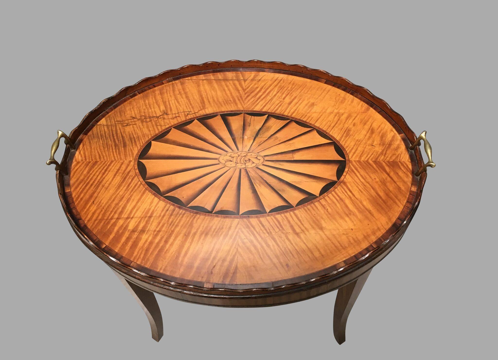 George III Georgian Inlaid Satinwood Tray with Scalloped Edge on Later Stand