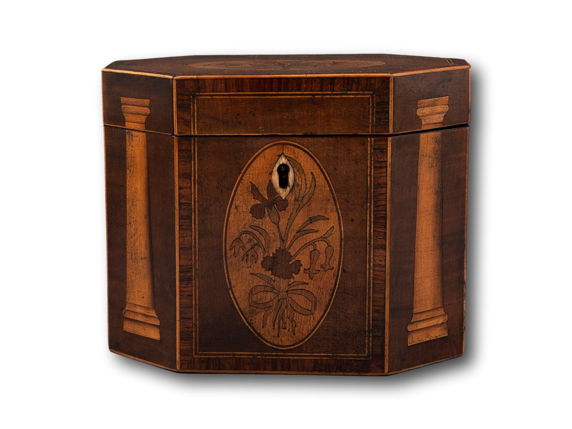 From our Tea Caddy collection, we are pleased to offer this Georgian octagonal Inlaid Tea Caddy. The Tea Caddy of octagonal form veneered in Harewood with inlaid twin Tuscan Columns to the exterior surrounding a central oval cartouche with a