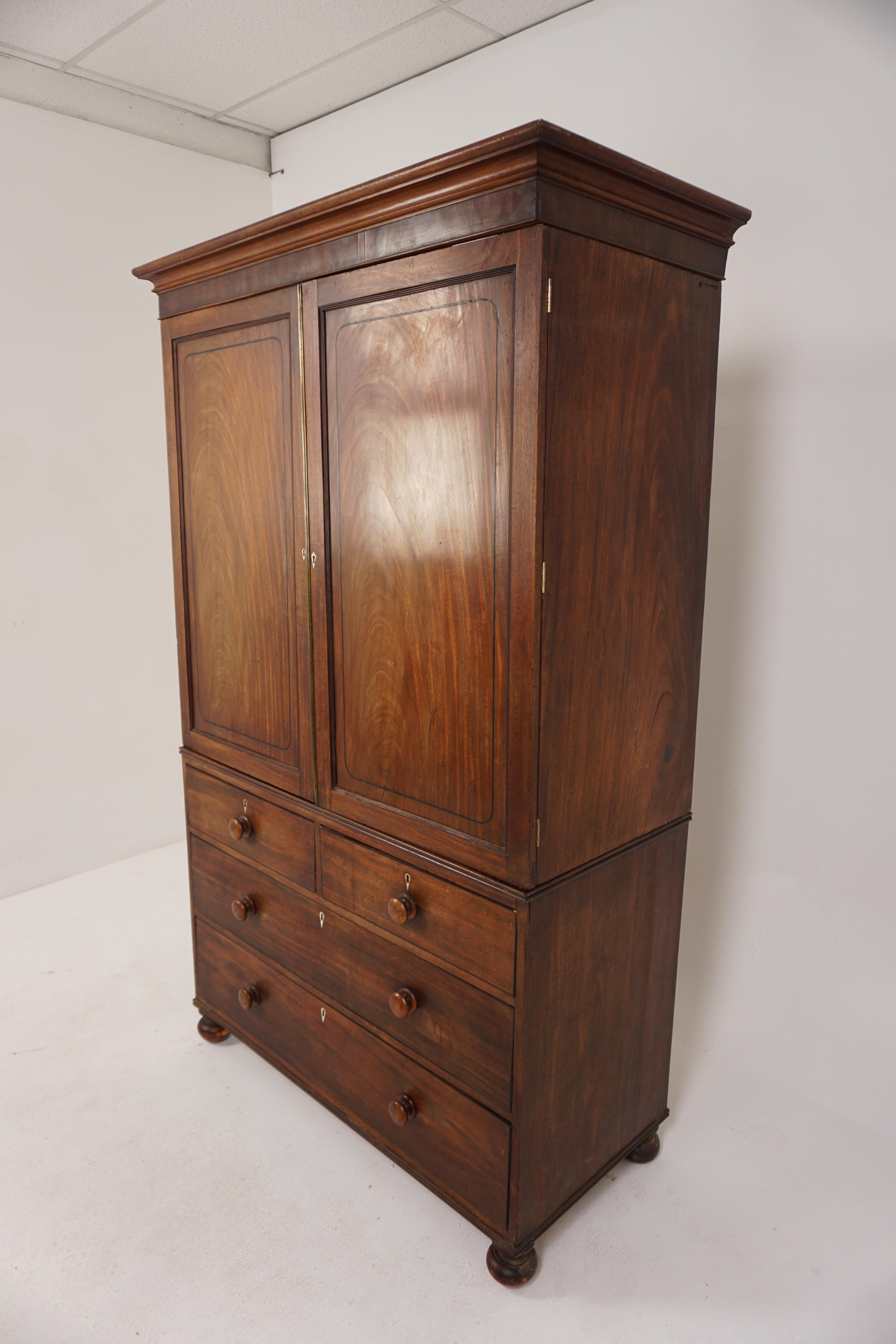 Georgian Inlaid walnut Linen press. Armoire dresser, Scotland 1820, B2945

Scotland 1820
Soid Walnut and Veneer
Original finish
Moulded Cornice on Top
Pair of inlaid paneled doors
Open to reveal pair metal pull out hangers (not