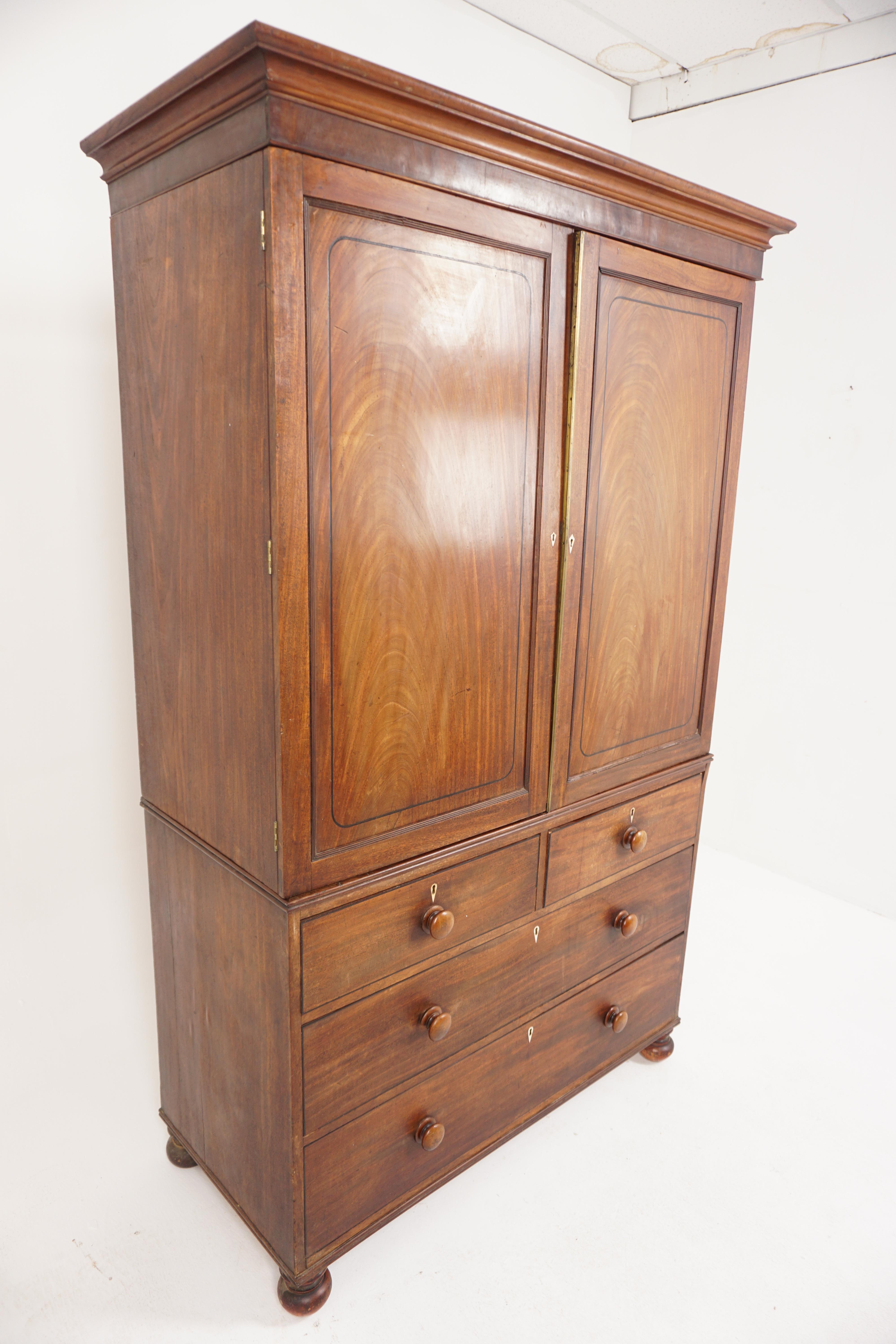 Victorian Georgian Inlaid Walnut Linen Press, Armoire Dresser, Scotland 1820, B2945