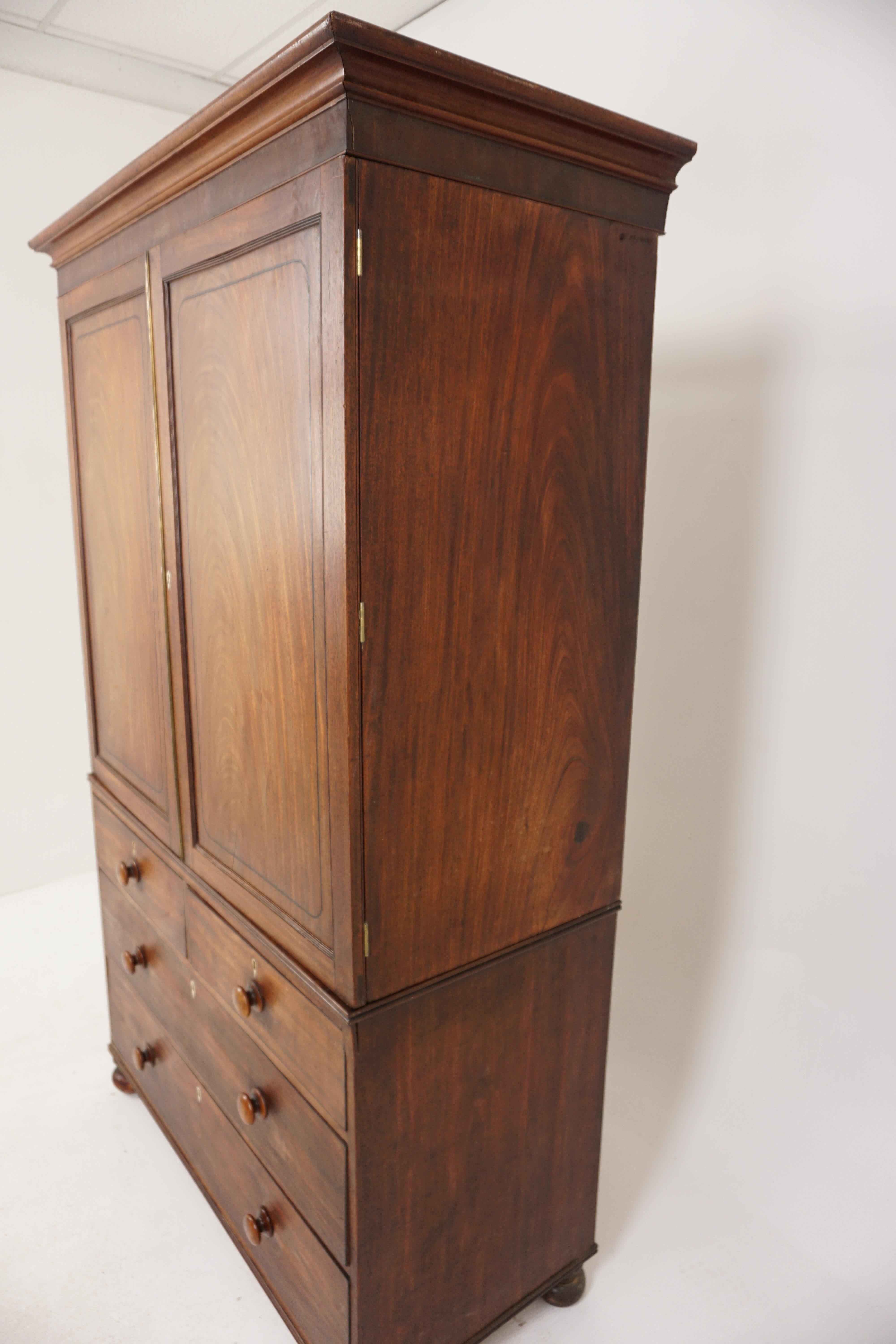 Georgian Inlaid Walnut Linen Press, Armoire Dresser, Scotland 1820, B2945 2