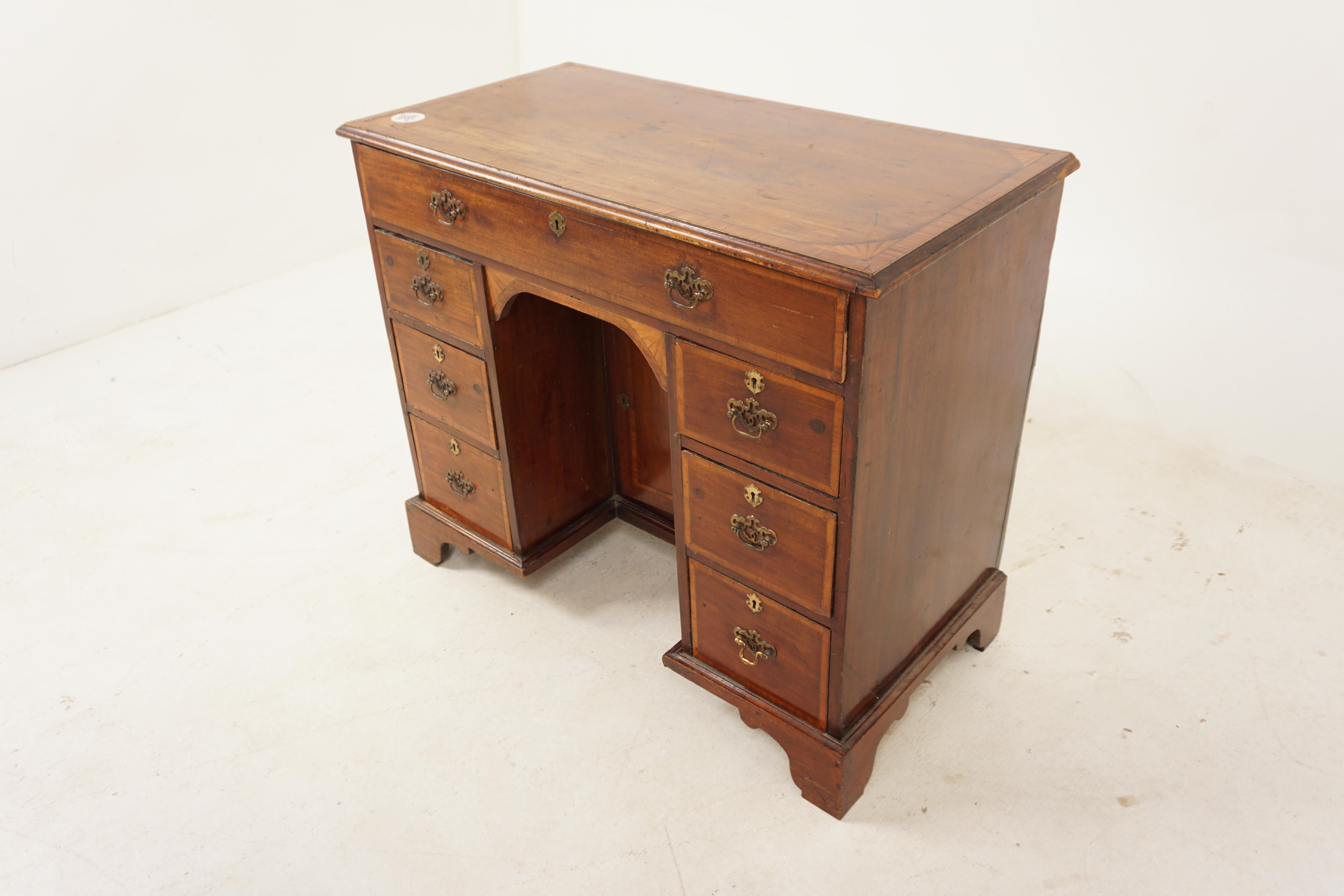 Georgian Inlaid walnut writing desk, kneehole desk, Scotland 1820, H516

Scotland 1820
Solid walnut
Original finish
Decorative inlay to the top
Central Small kneehole with recessed inlaid cupboard door
Long inlaid drawer on top
With six