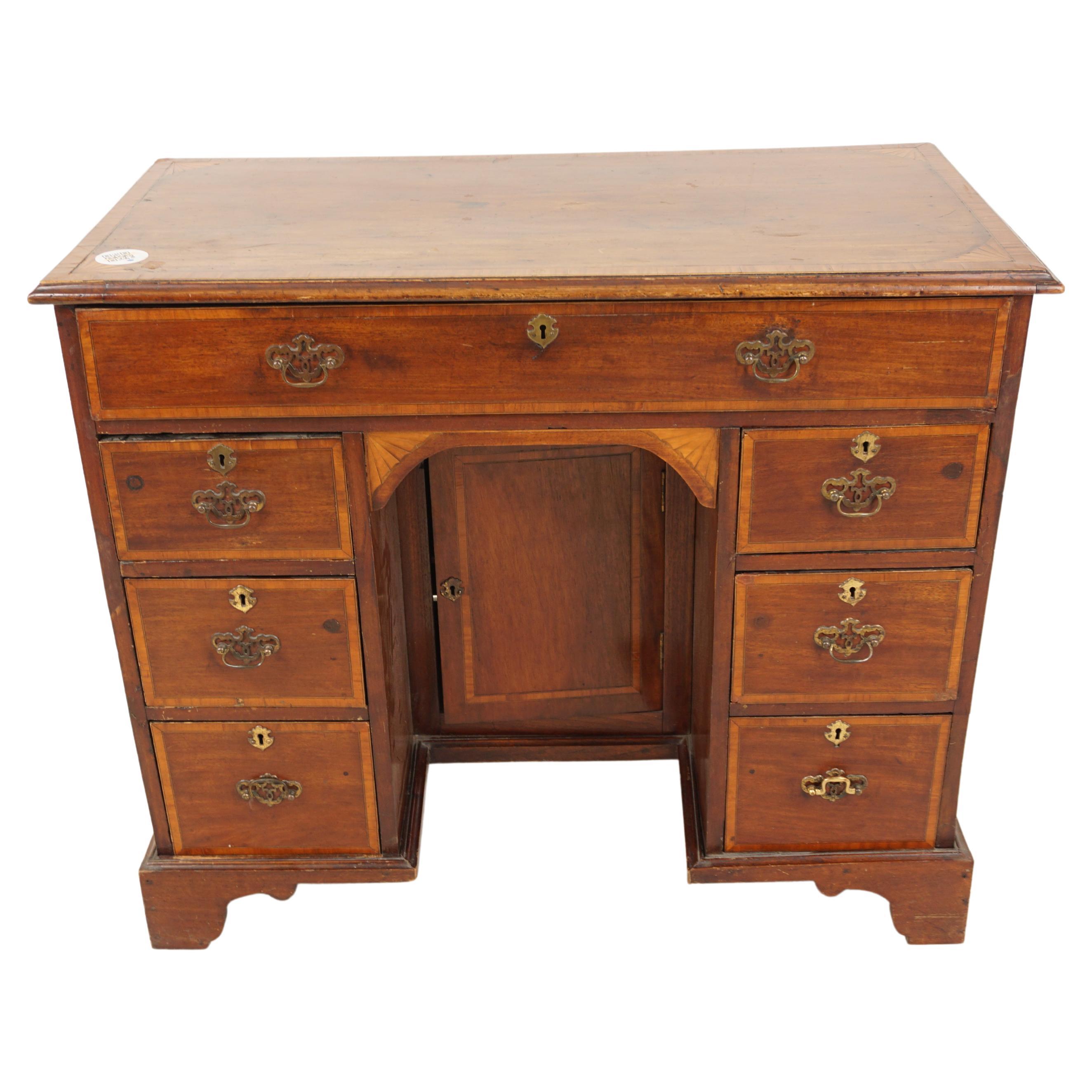 Georgian Inlaid Walnut Writing Desk, Kneehole Desk, Scotland, 1820