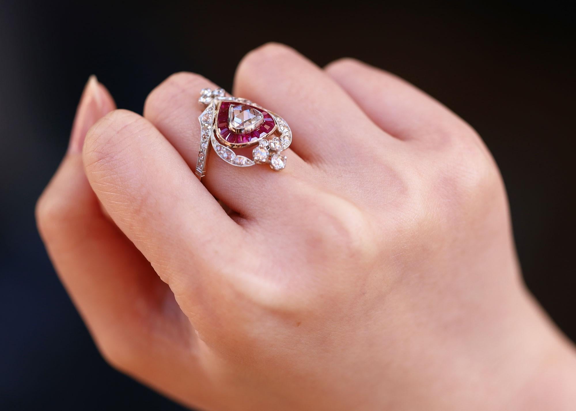 Georgian Inspired Crown Heart Rose Cut Diamond Ruby Engagement Ring In New Condition In Santa Barbara, CA