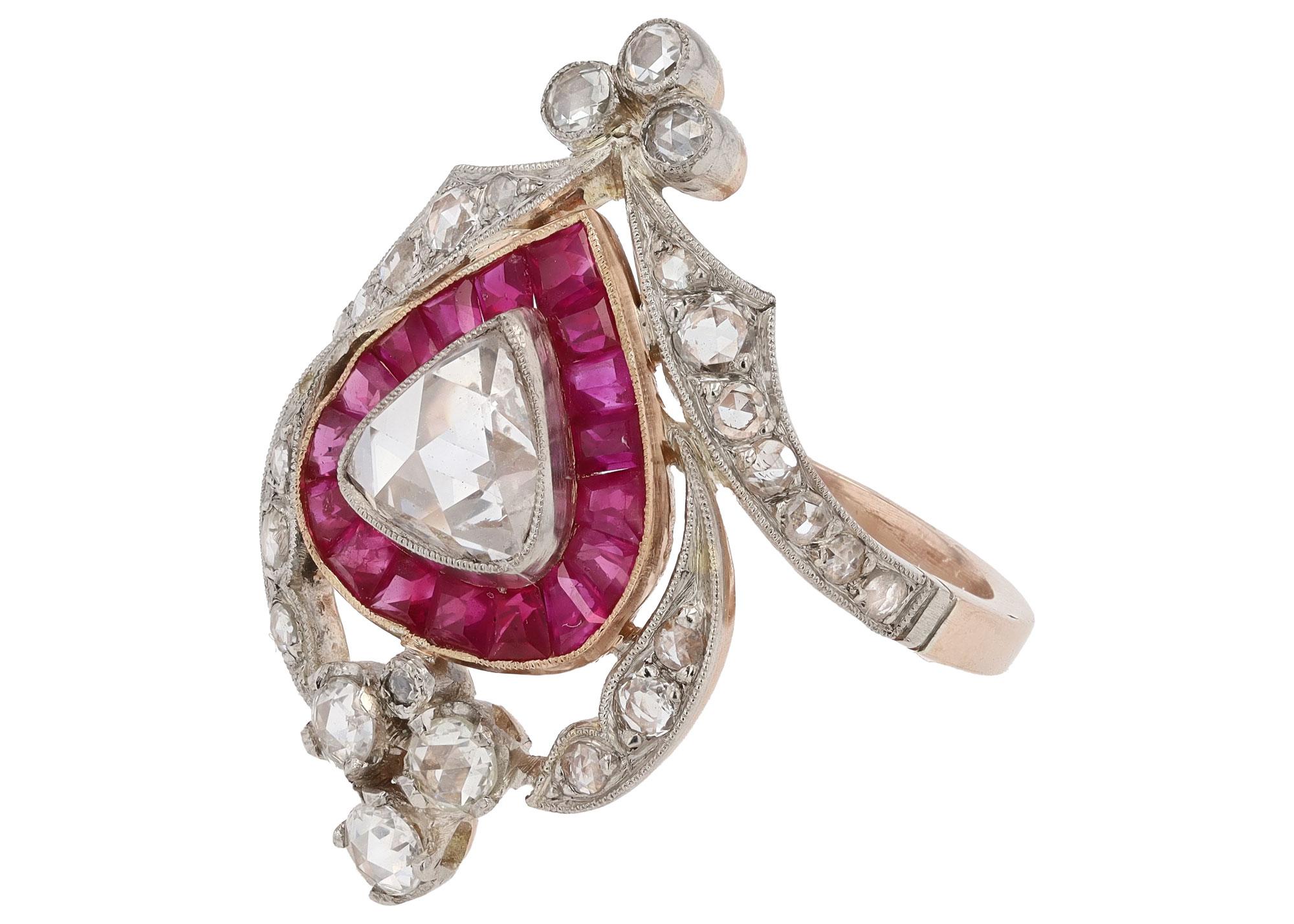 Women's or Men's Georgian Inspired Crown Heart Rose Cut Diamond Ruby Engagement Ring
