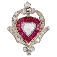 Bague de fiançailles d'inspiration géorgienne avec cœur en forme de couronne, diamant taillé en rose et rubis